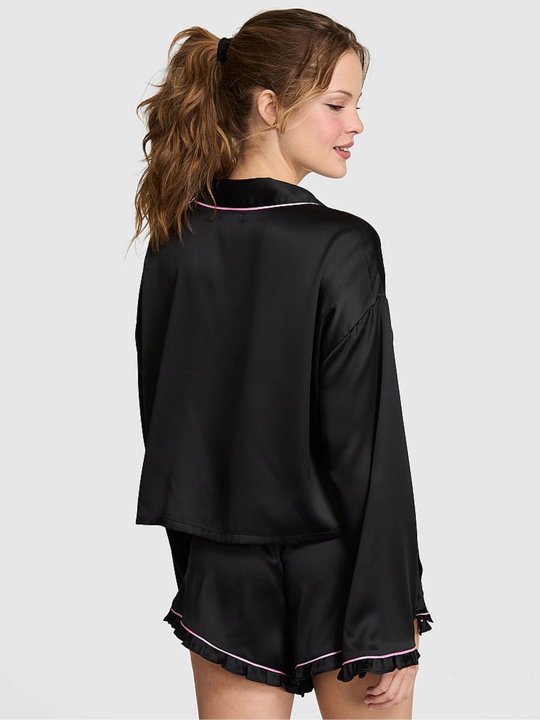 Black Satin Long Sleeve Short Pyjama Set - Image 3 of 3