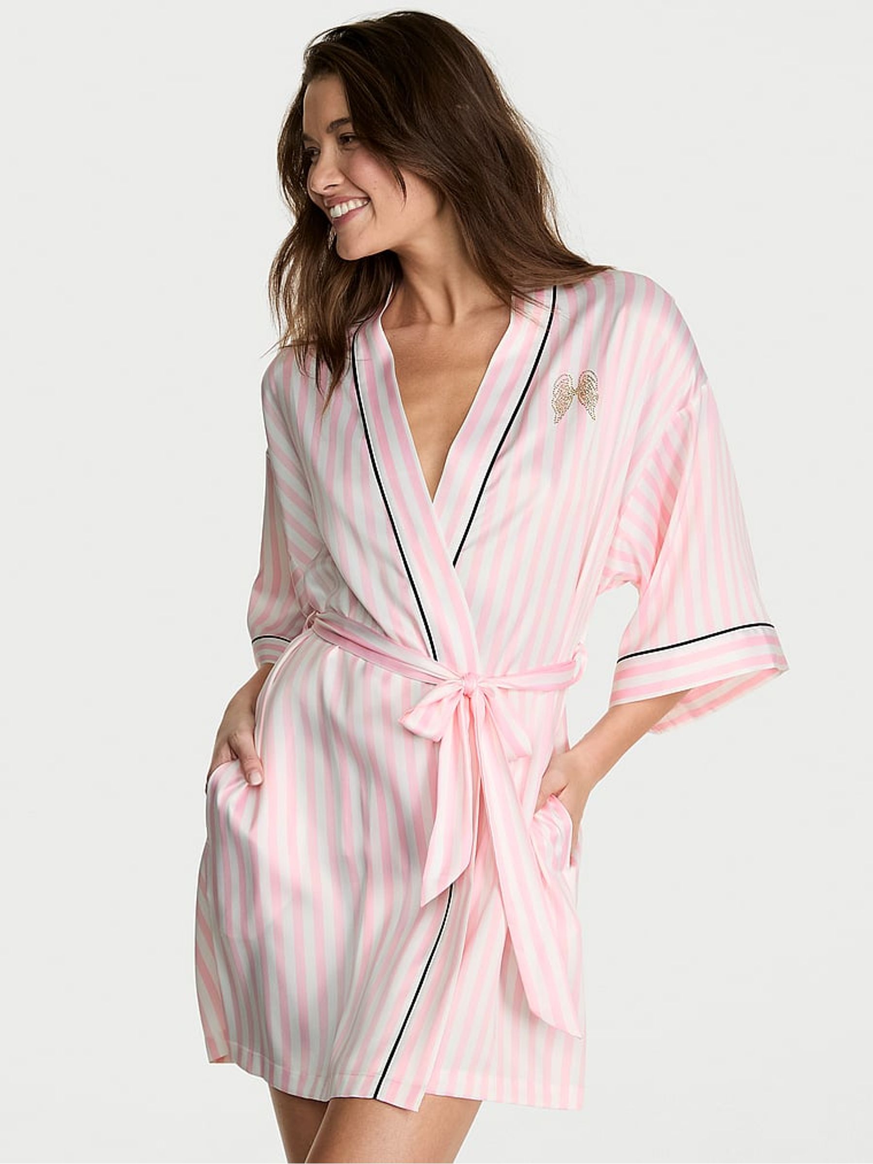 Pretty Blossom Iconic Stripe Satin Short Robe - Image 1 of 3