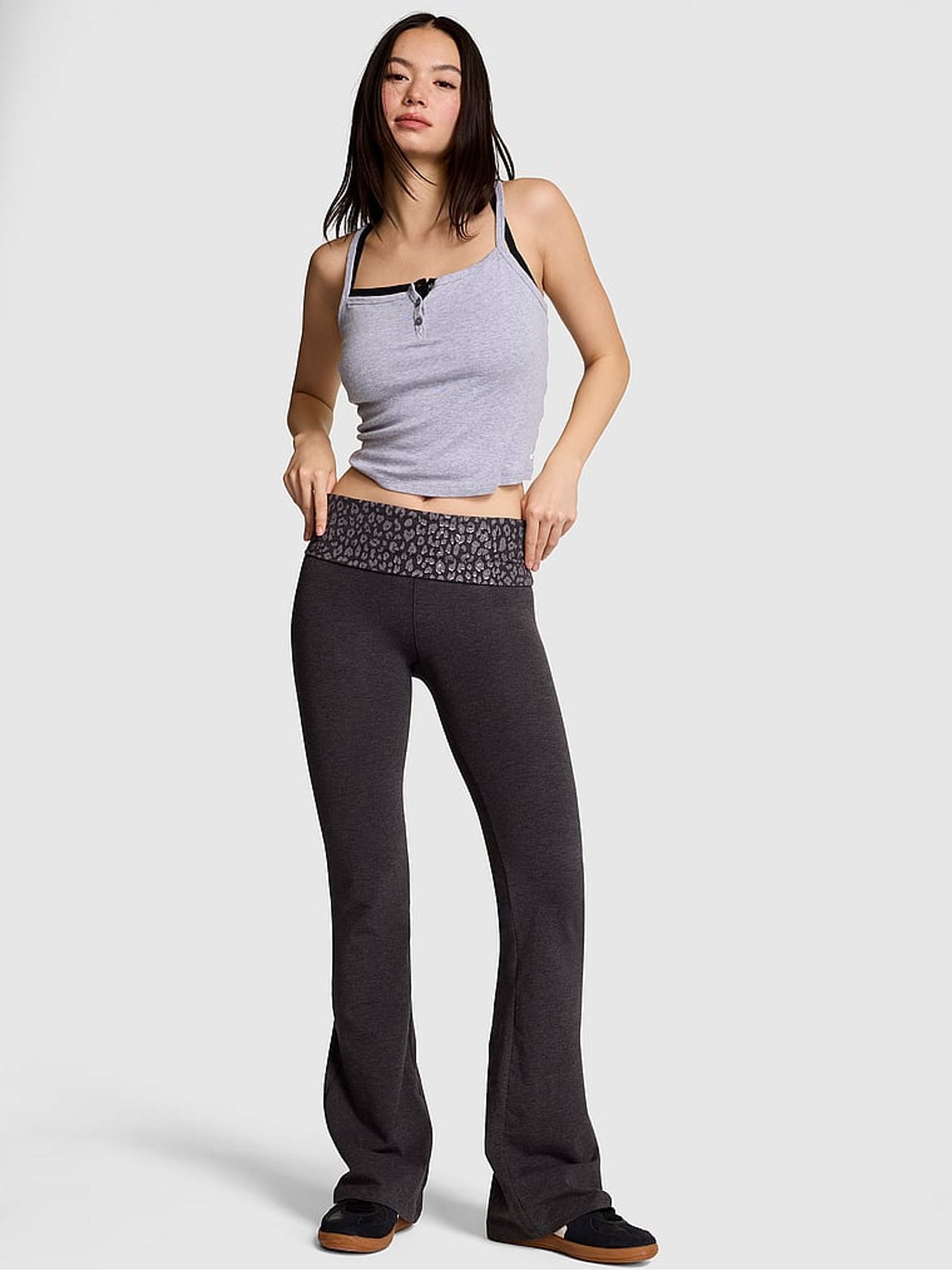 Charcoal Heather Grey/Leopard Cotton Foldover Flare Leggings - Image 2 of 3