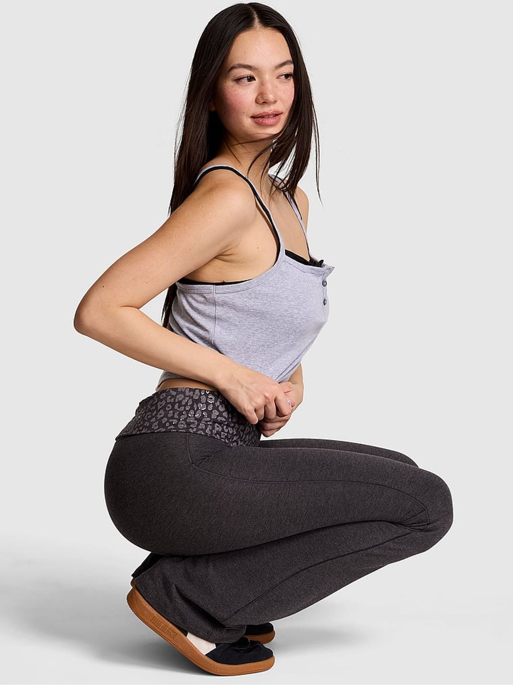 Charcoal Heather Grey/Leopard Cotton Foldover Flare Leggings - Image 3 of 3