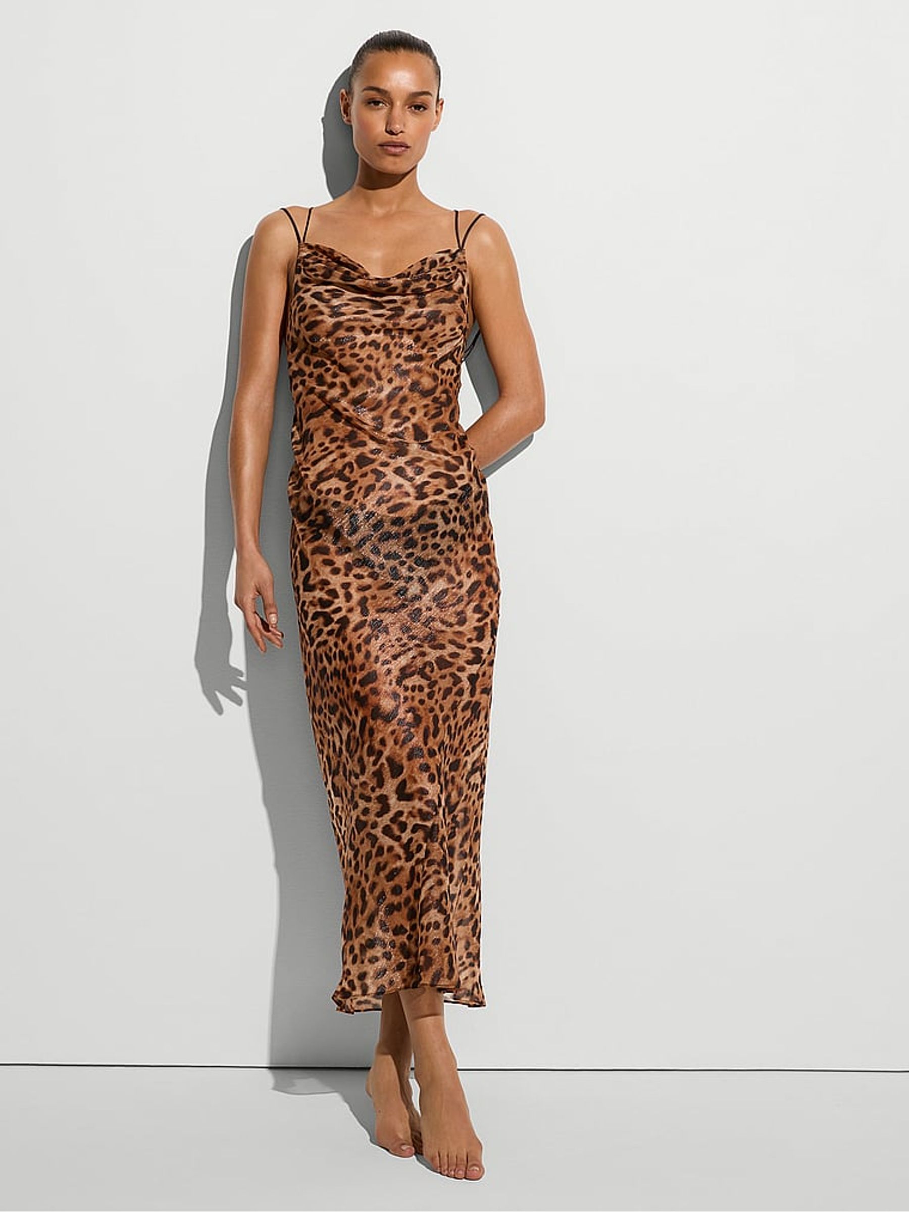 Leopard Brown Shimmer Chiffon Draped Maxi Slip Dress - Image 1 of 3