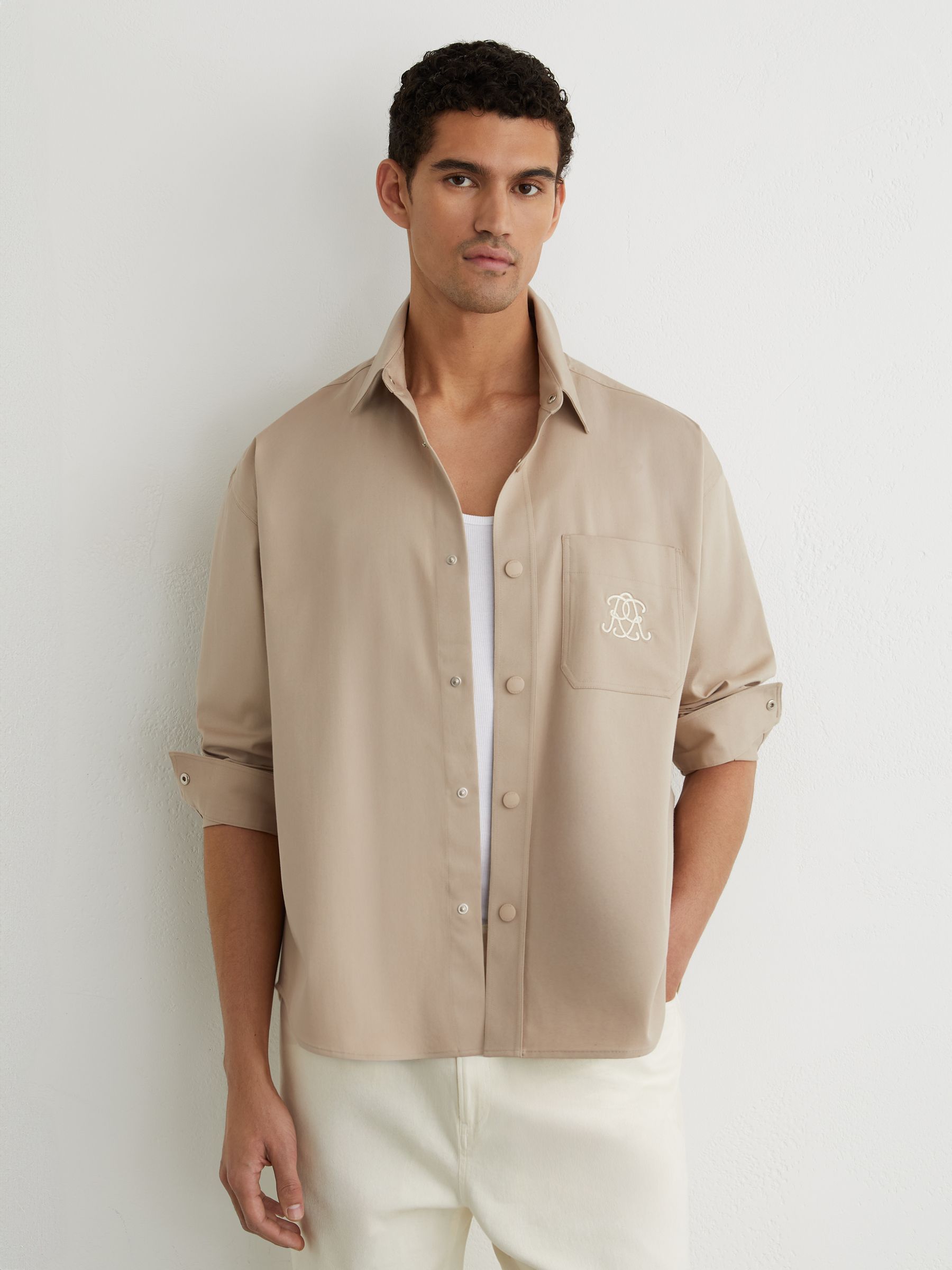 Monogram Embroidered Relaxed Overshirt Stretch-Cotton in Light Stone - Image 1 of 8
