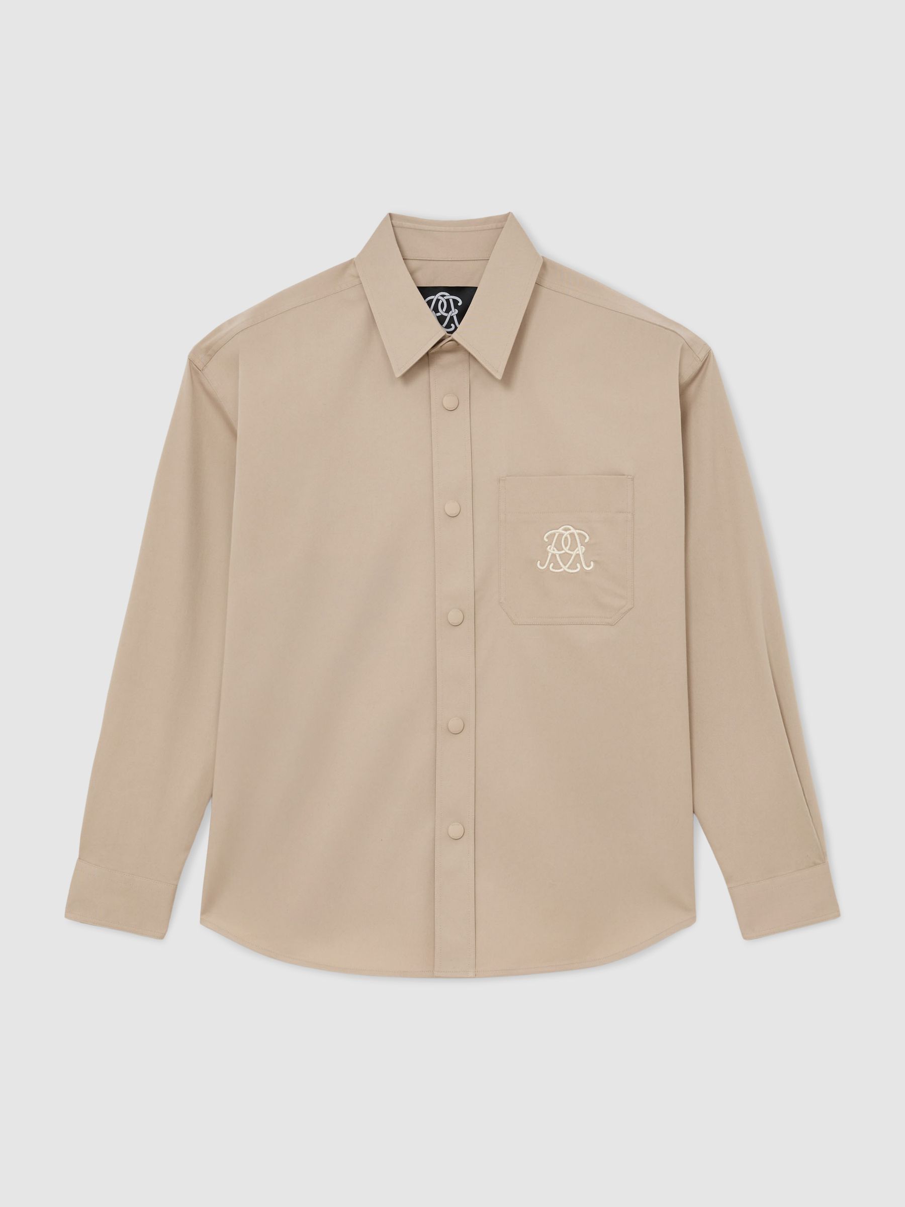 Monogram Embroidered Relaxed Overshirt Stretch-Cotton in Light Stone - Image 2 of 8