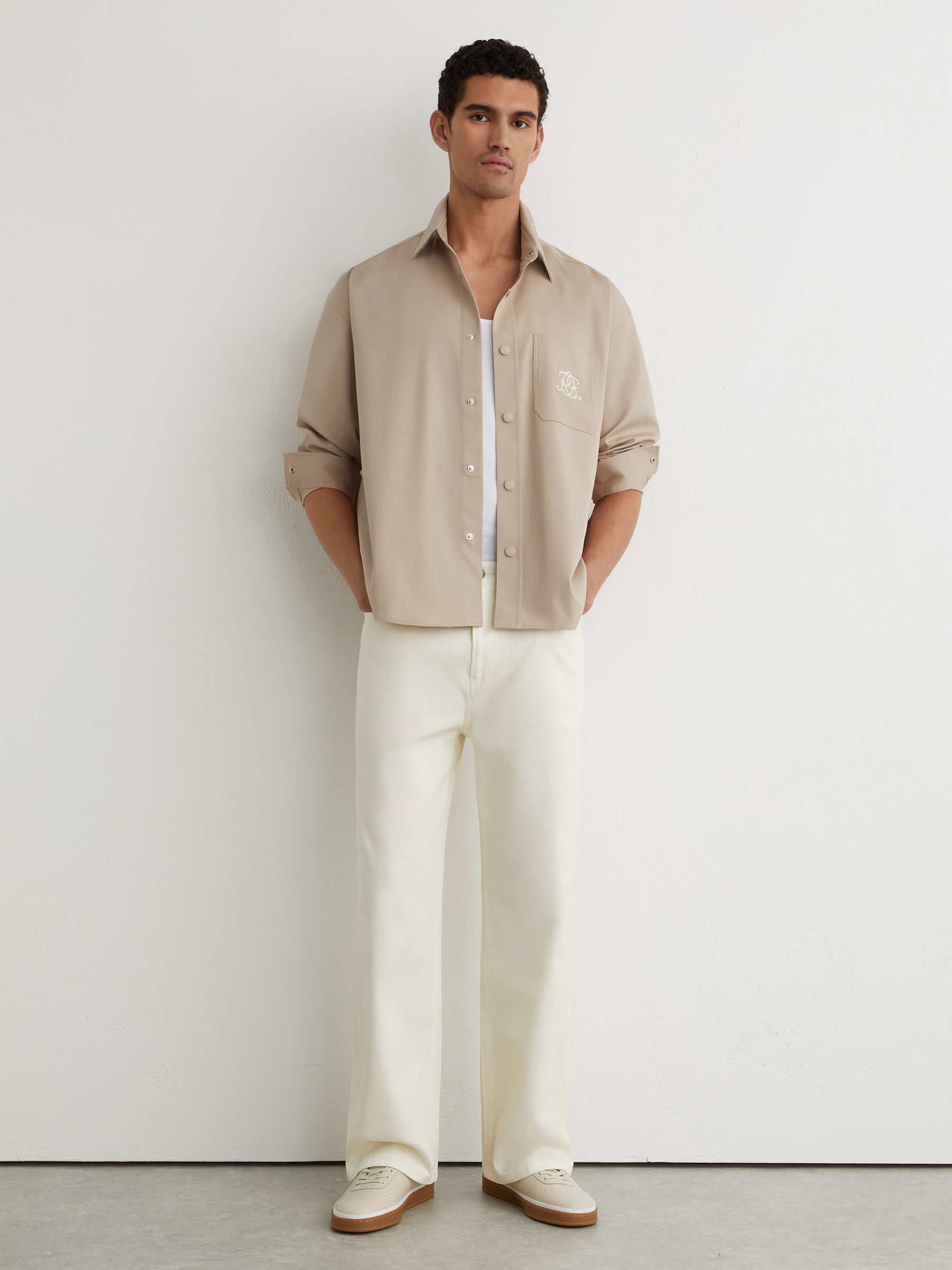 Monogram Embroidered Relaxed Overshirt Stretch-Cotton in Light Stone - Image 3 of 8