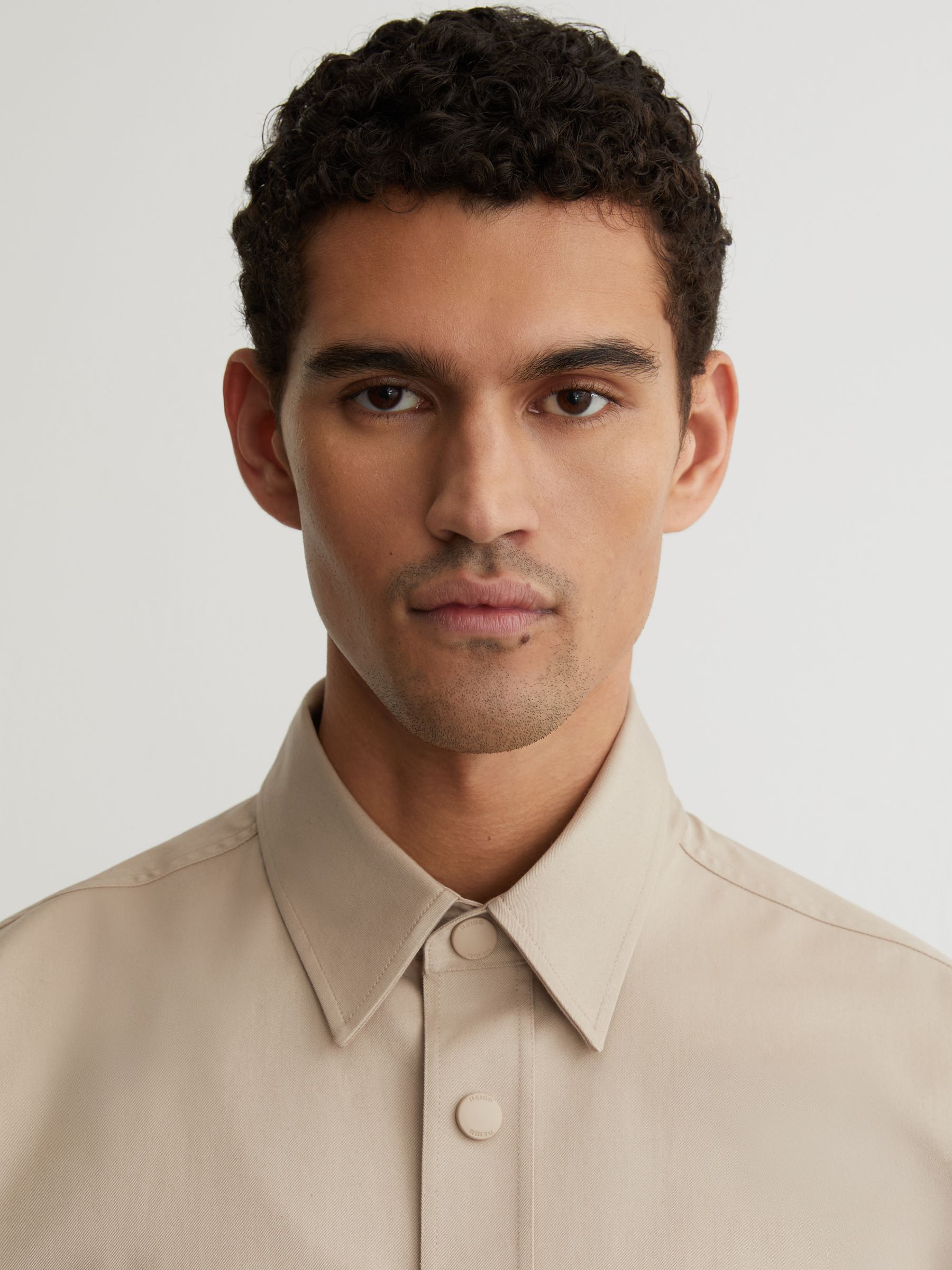 Monogram Embroidered Relaxed Overshirt Stretch-Cotton in Light Stone - Image 5 of 8