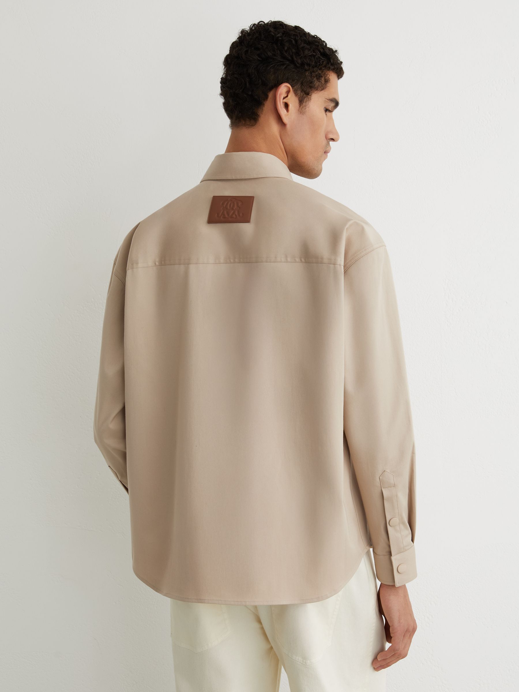 Monogram Embroidered Relaxed Overshirt Stretch-Cotton in Light Stone - Image 6 of 8