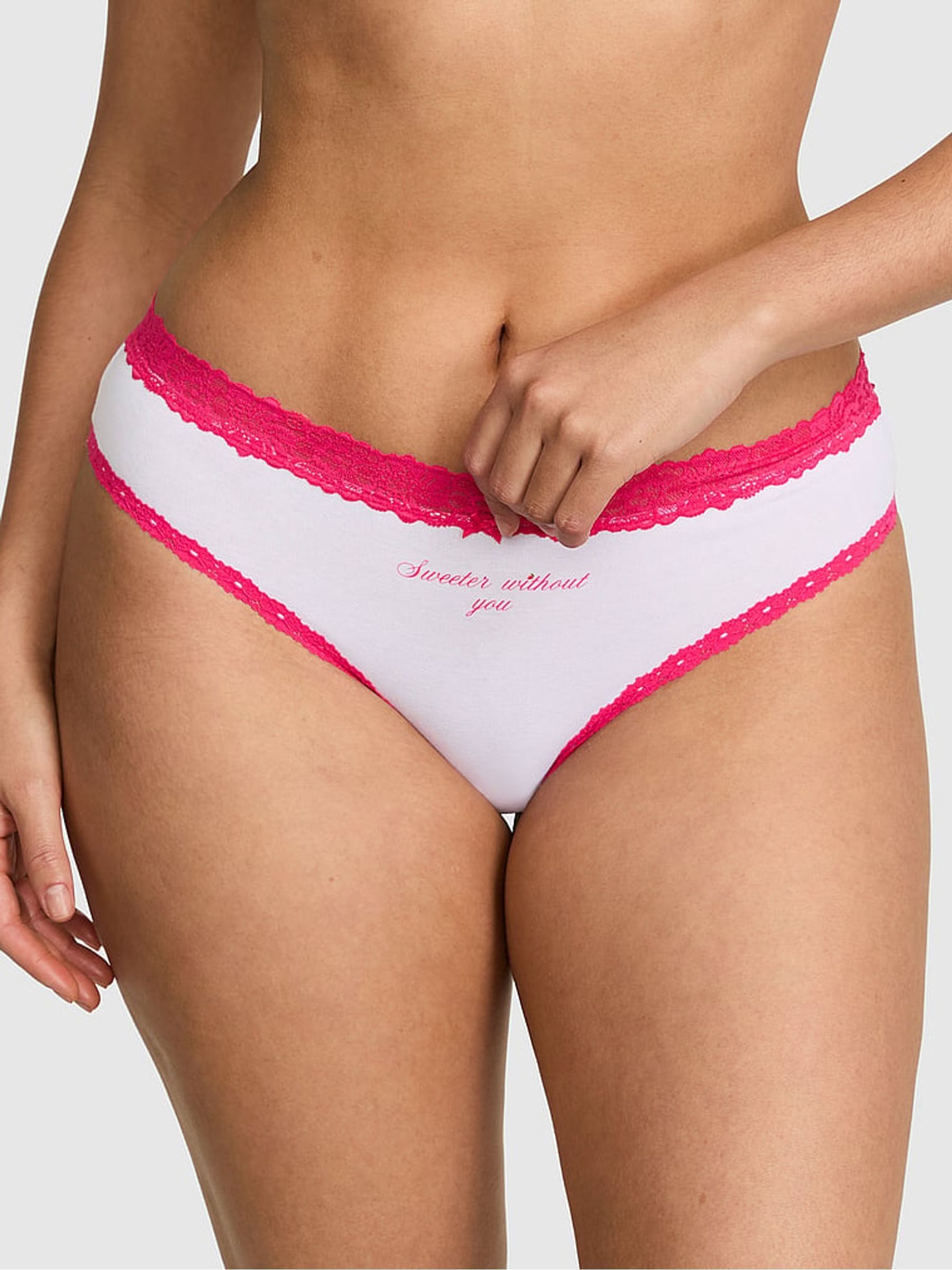 White and Pink 'Sweeter Without You' Cheeky Cotton Lace Trim Knickers - Image 1 of 2