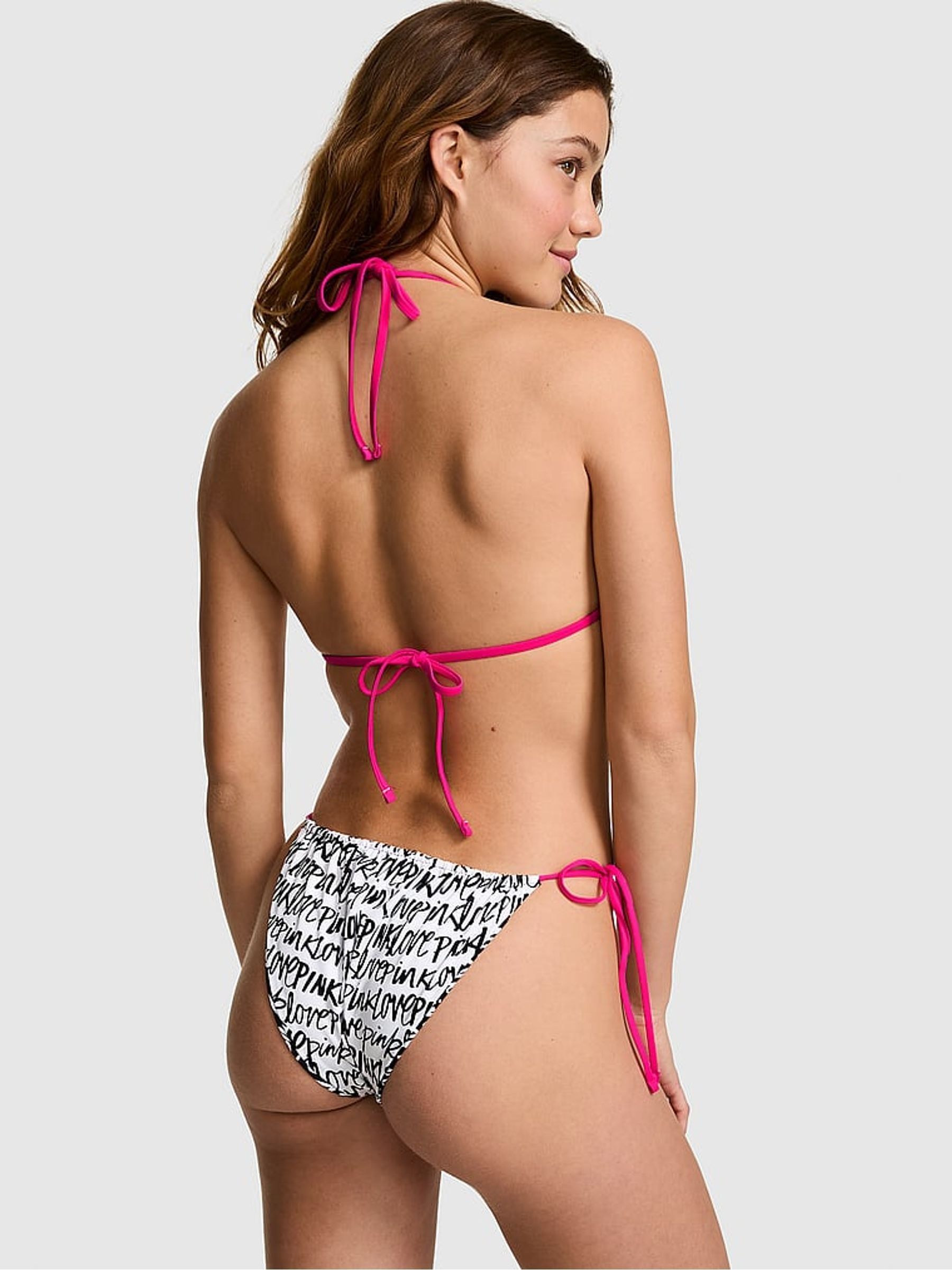 White 'Love PINK' Script Print Tie Side Bikini Bottoms - Image 2 of 4
