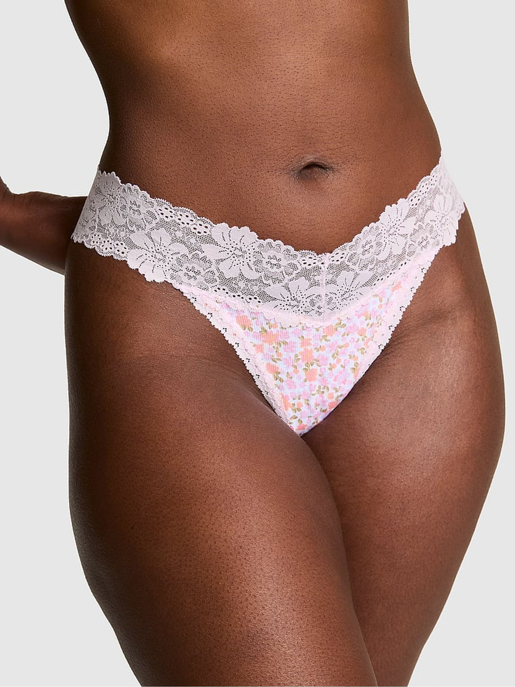 Lilac Purple Floral Print Thong Lace Trim Rib Knickers - Image 1 of 2 Lilac Purple Floral Print Thong Lace Trim Rib Knickers - Image 1 of 2
