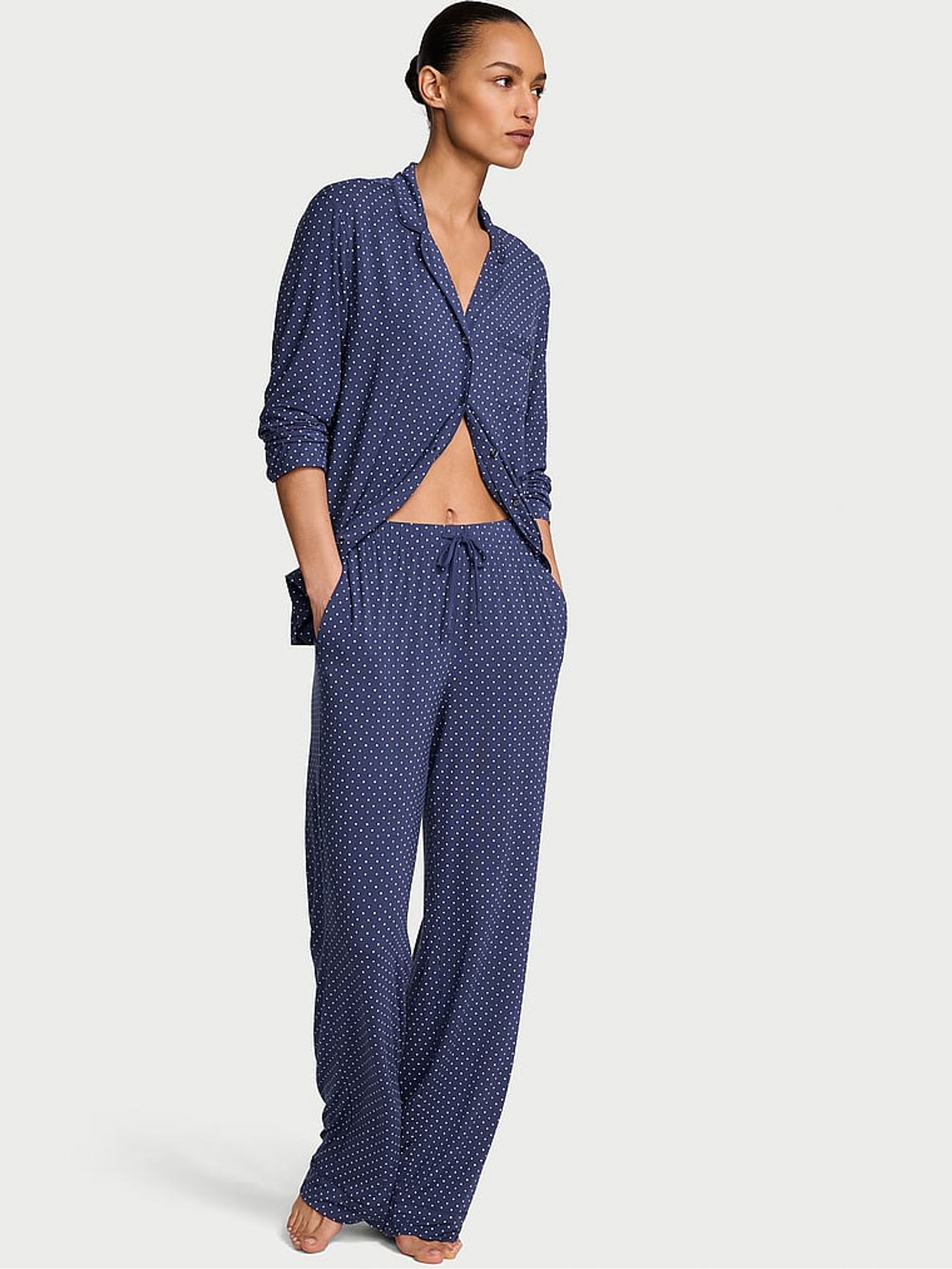 Ink Blue Dot Modal Long Pyjama Set - Image 1 of 2