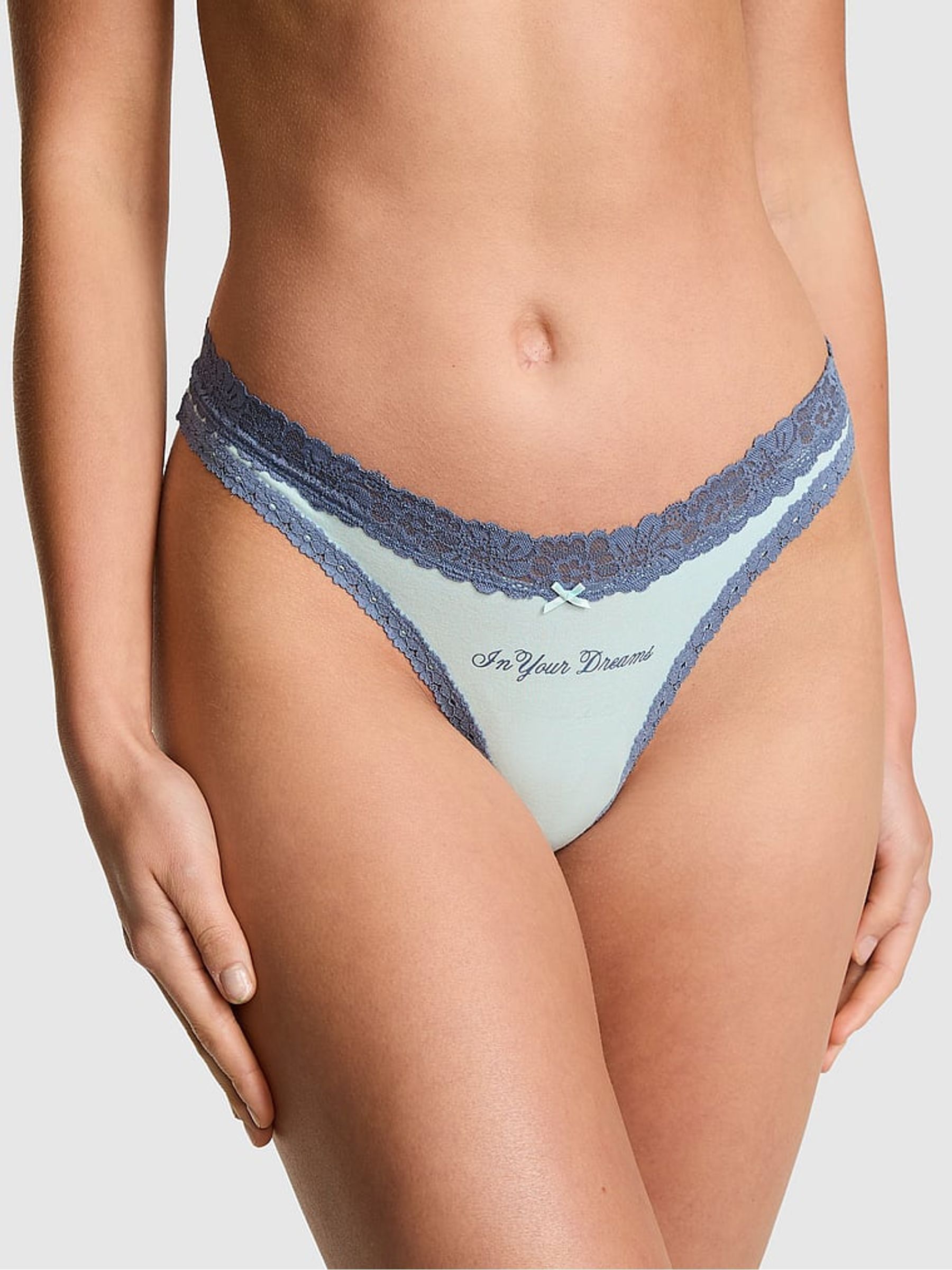 Spray Blue 'In Your Dreams' Thong Cotton Lace Trim Knickers - Image 1 of 2
