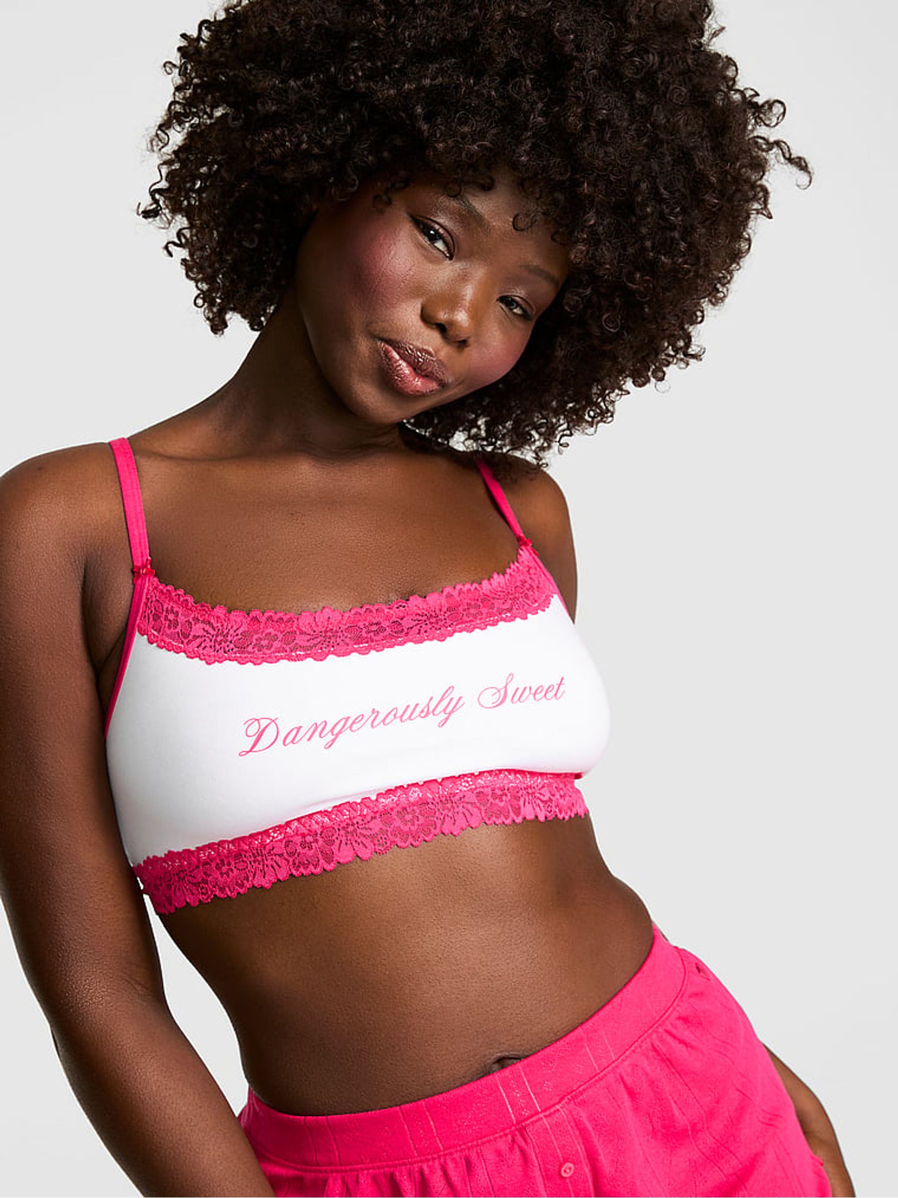 White and Pink 'Dangerously Sweet' Scoop Cotton Lace Trim Bralette - Image 1 of 3