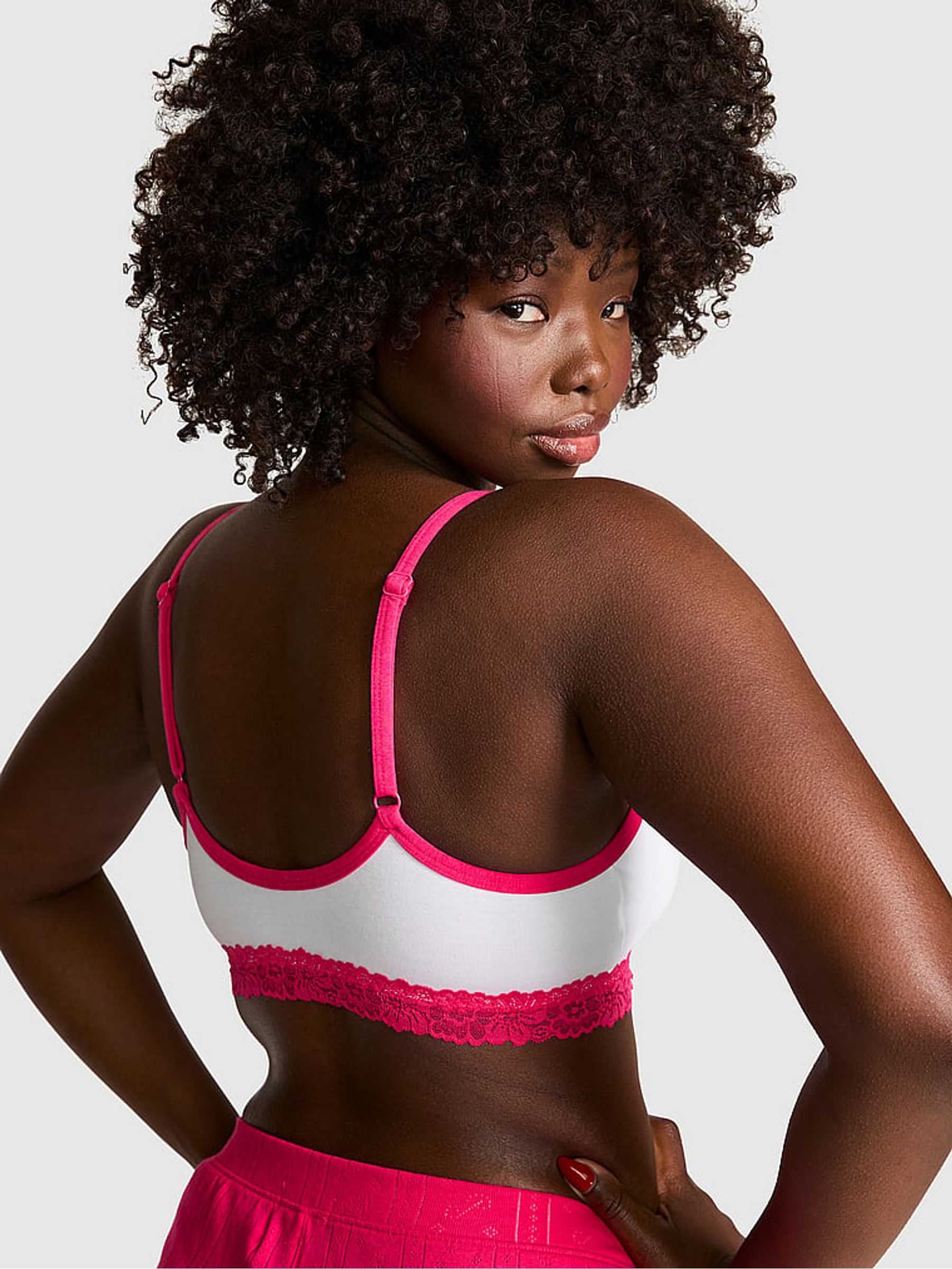 White and Pink 'Dangerously Sweet' Scoop Cotton Lace Trim Bralette - Image 2 of 3