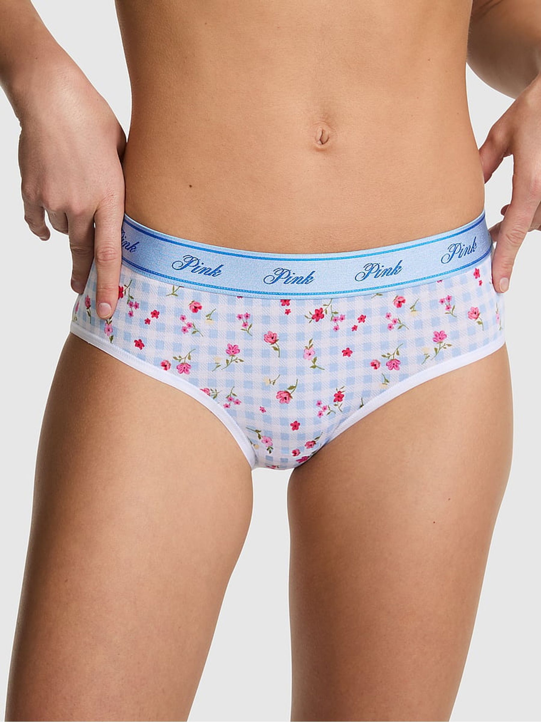 Blue Gingham Floral Print Hipster Cotton Logo Knickers - Image 1 of 2