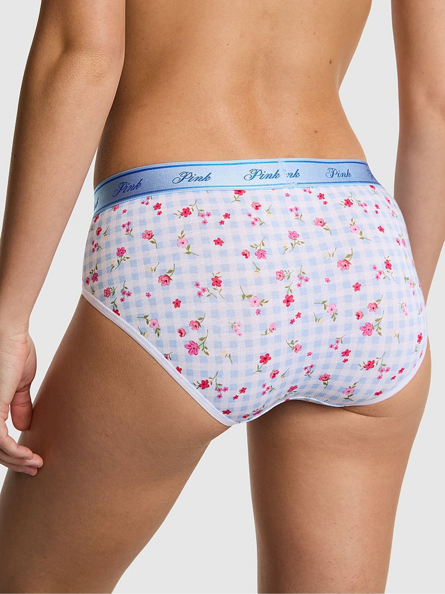 Blue Gingham Floral Print Hipster Cotton Logo Knickers - Image 2 of 2