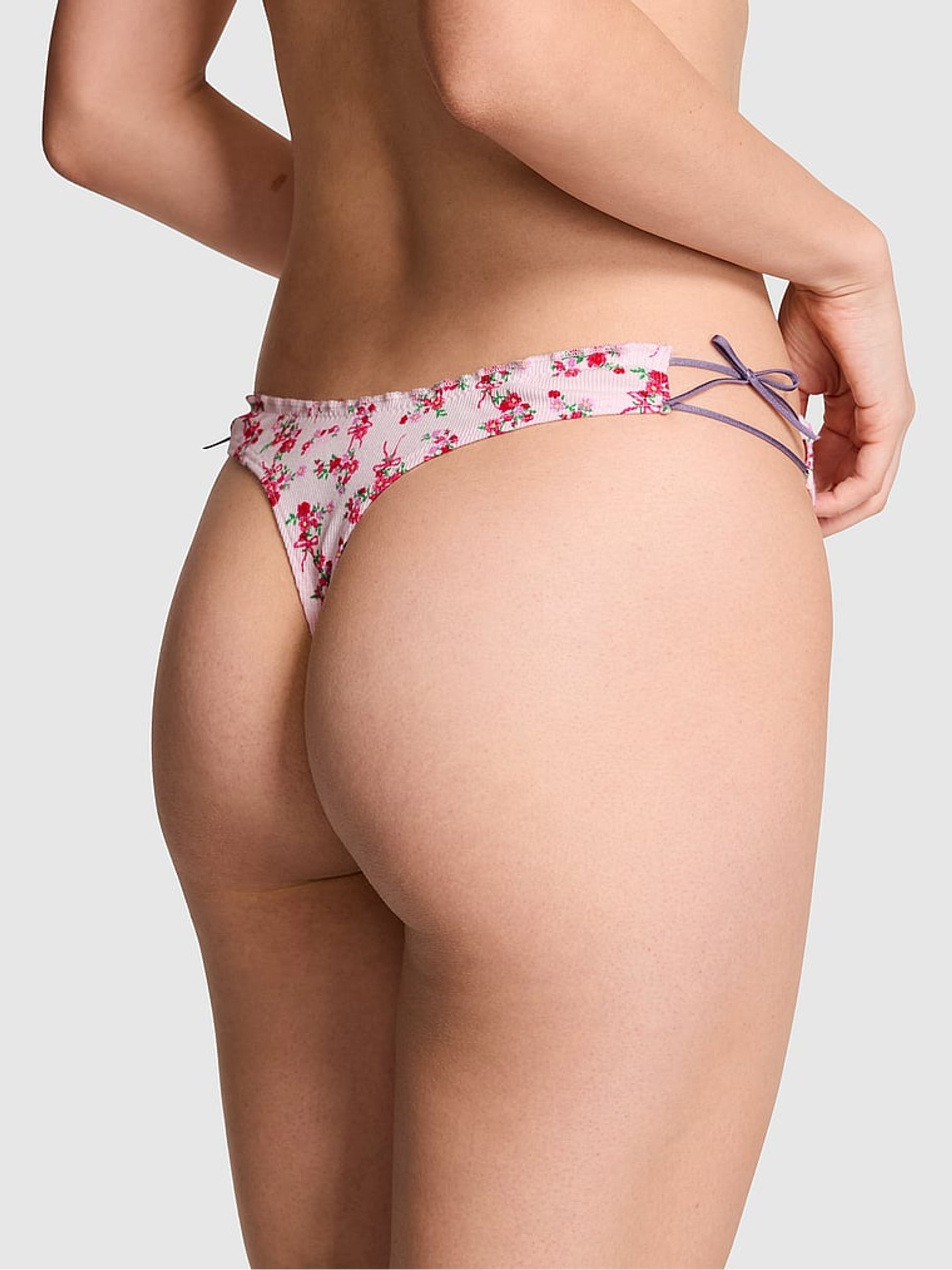 Pink Tulip Floral Print Thong Tie Detail Knickers - Image 2 of 2
