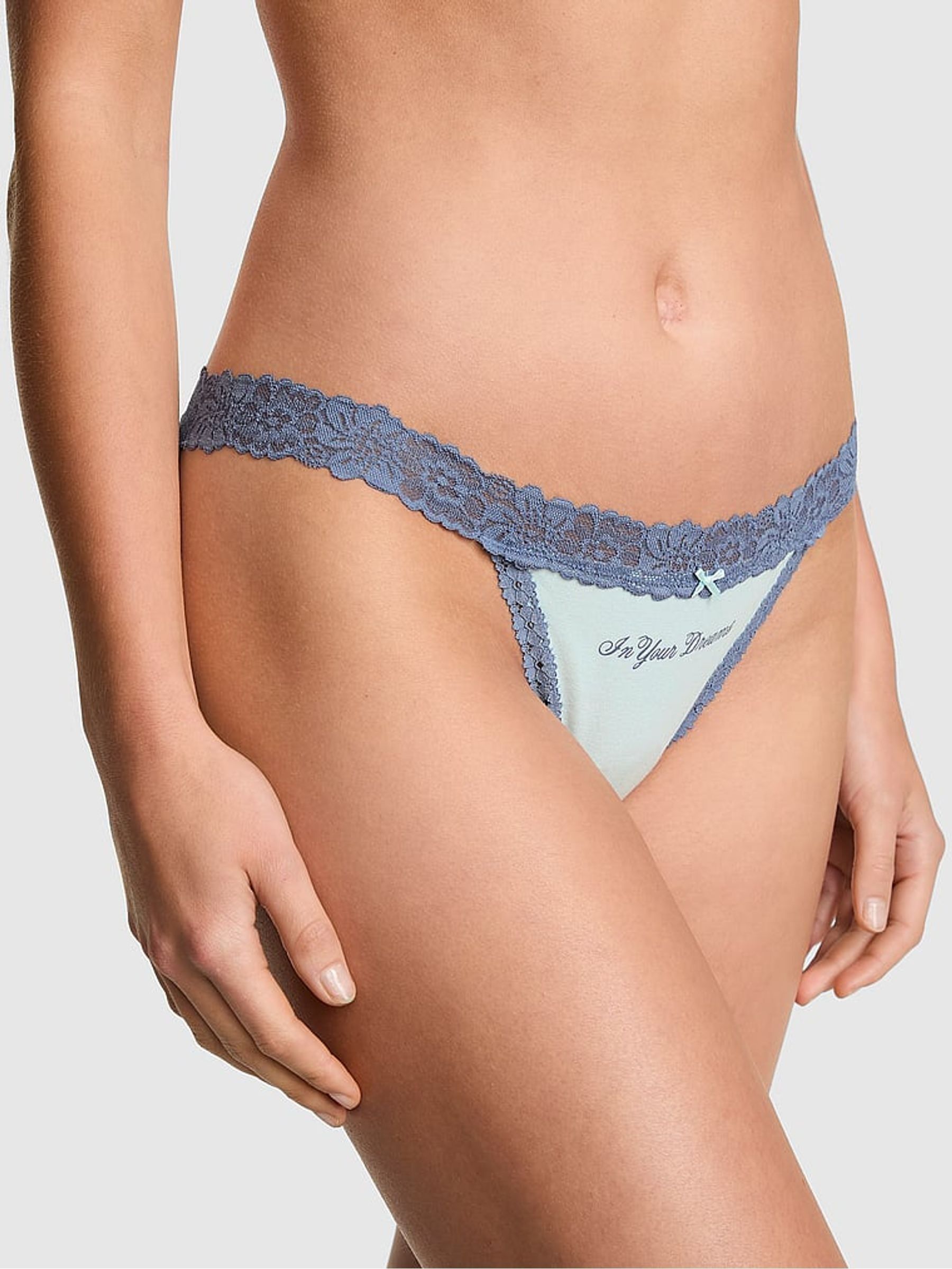Spray Blue 'In Your Dreams' String Bikini Cotton Lace Trim Knickers - Image 1 of 2