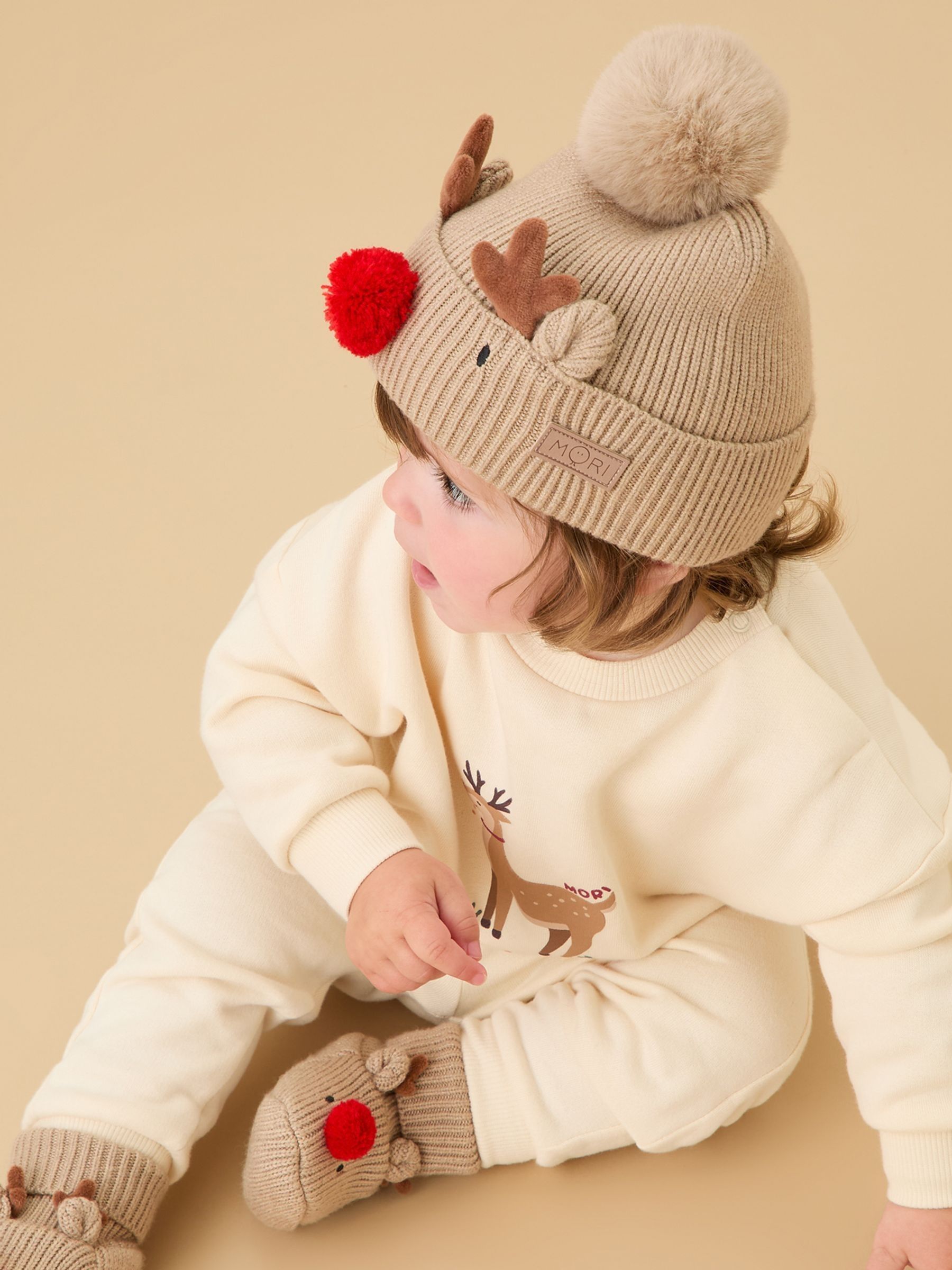 MORI Cream Reindeer My First Christmas Hat and Booties Set - Image 1 of 3