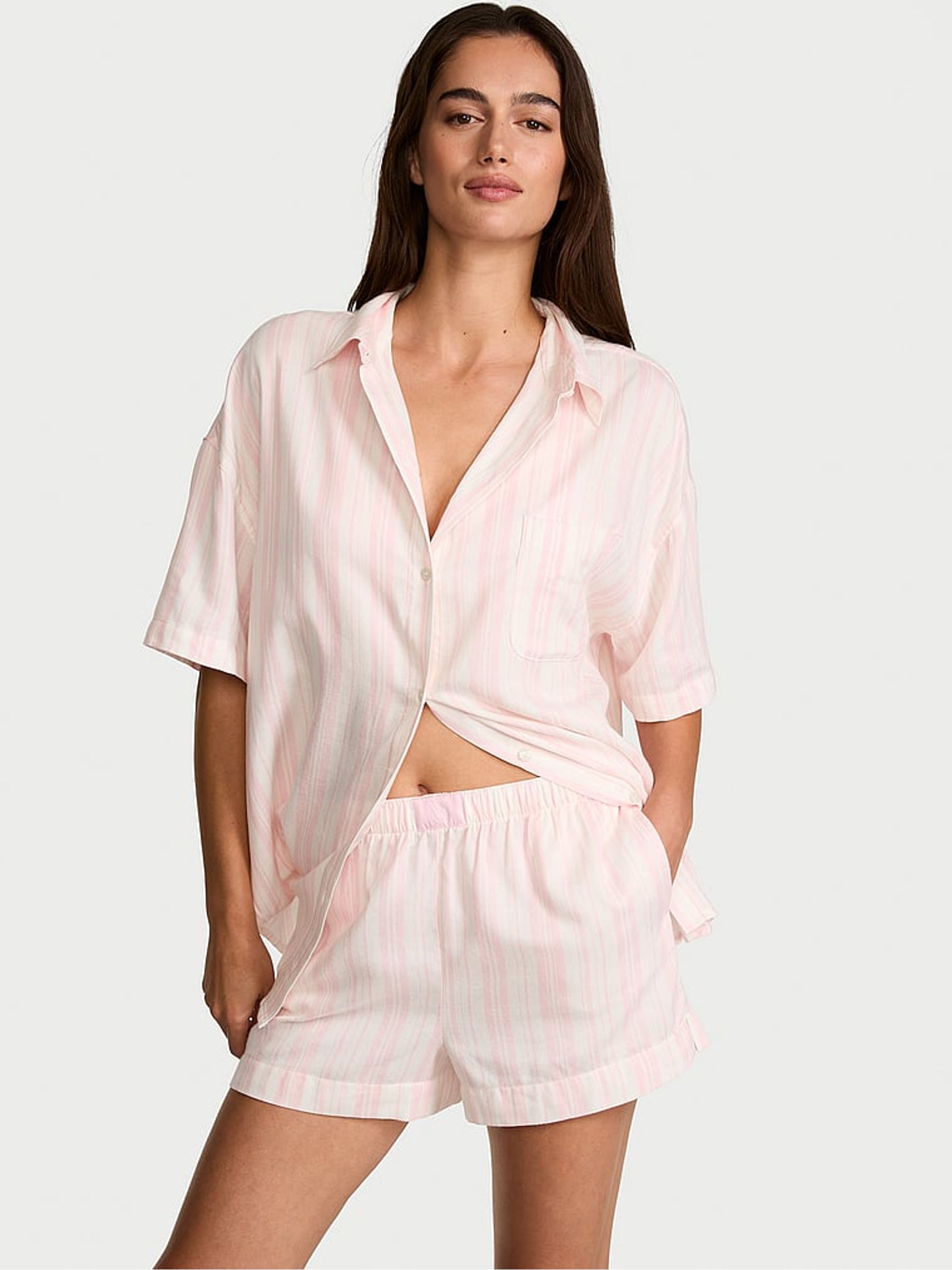 Pretty Blossom Pink Iconic Stripe Modal Short Pyjama Set - Image 1 of 2