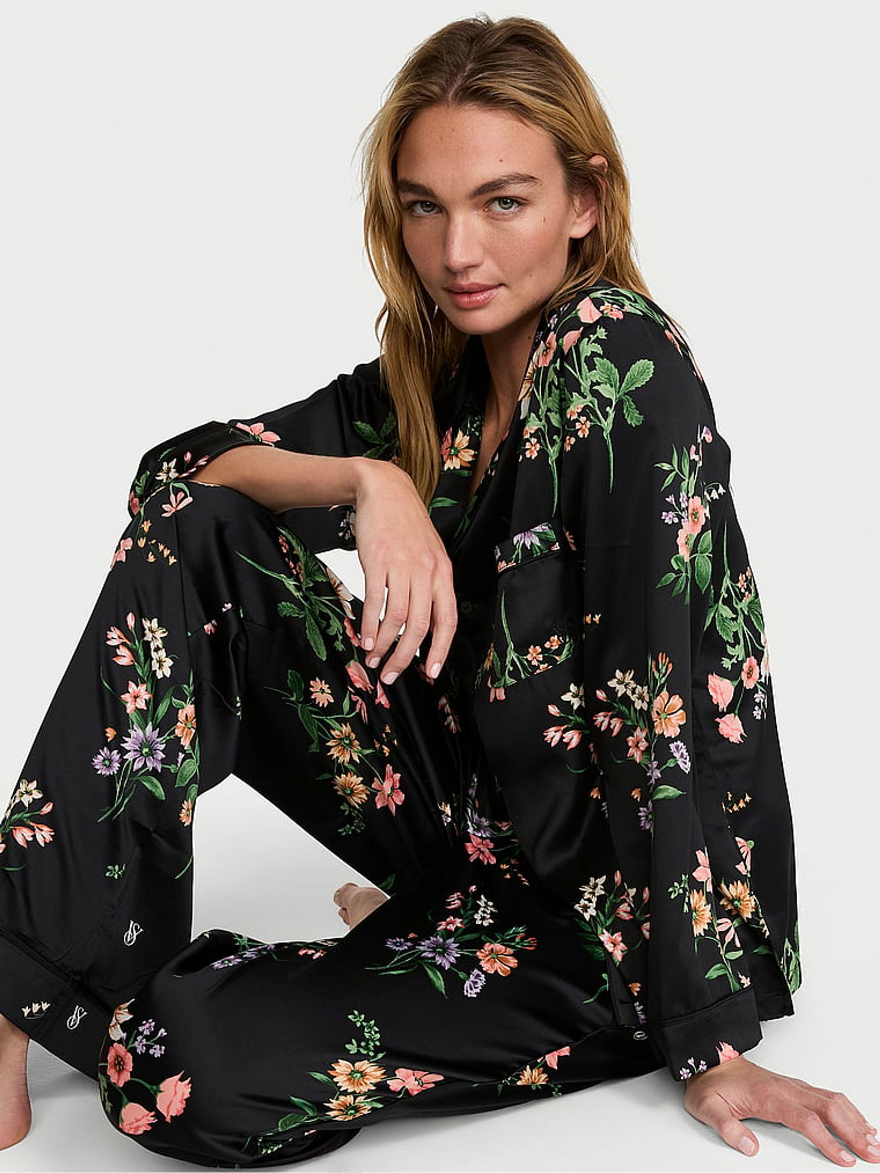 Black Floral Satin Long Pyjamas Set - Image 1 of 3