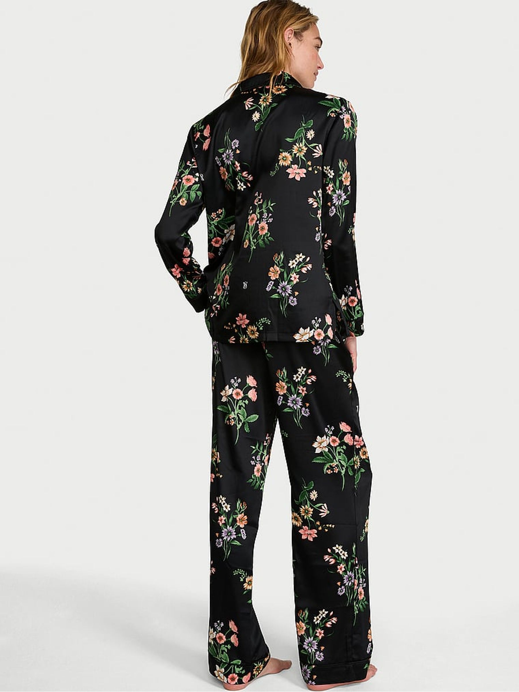 Black Floral Satin Long Pyjamas Set - Image 2 of 3