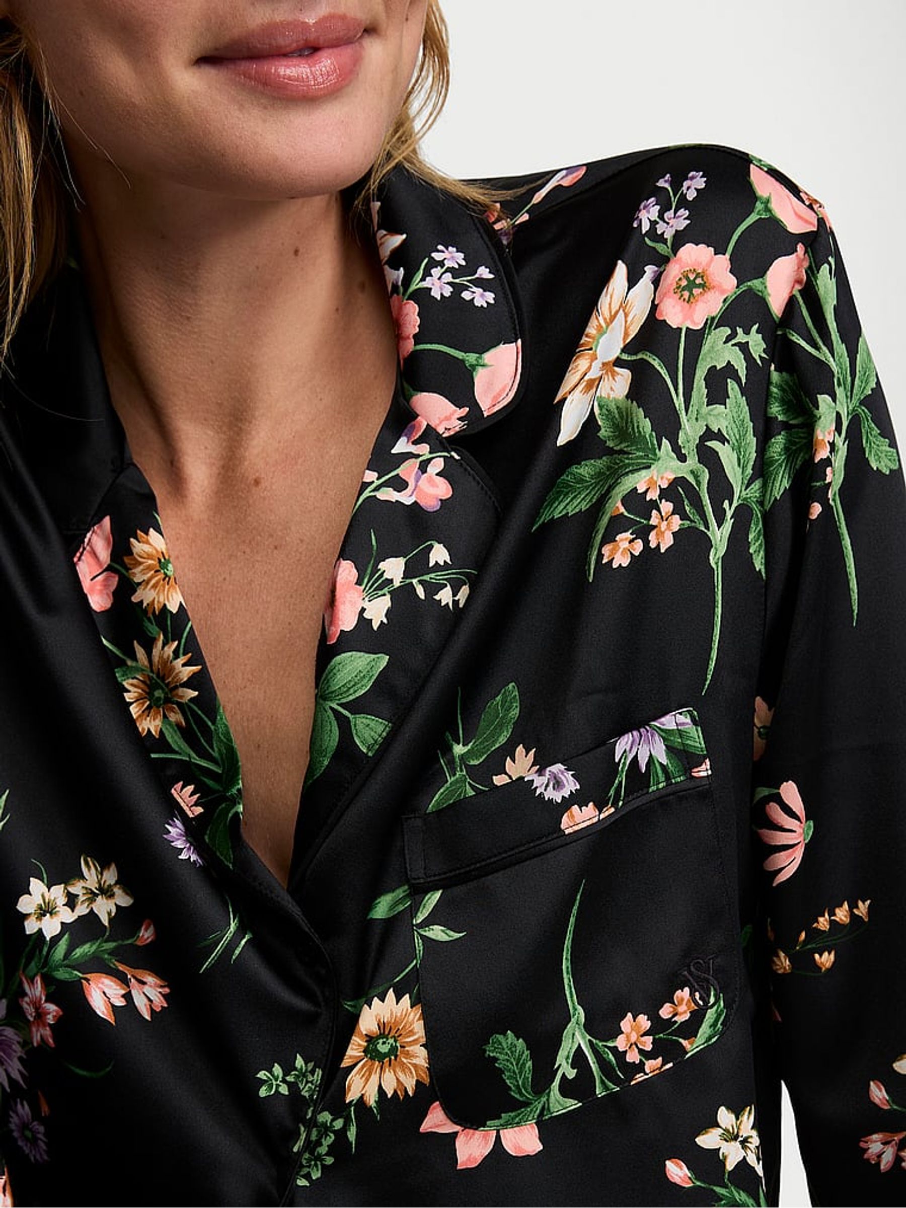 Black Floral Satin Long Pyjamas Set - Image 3 of 3