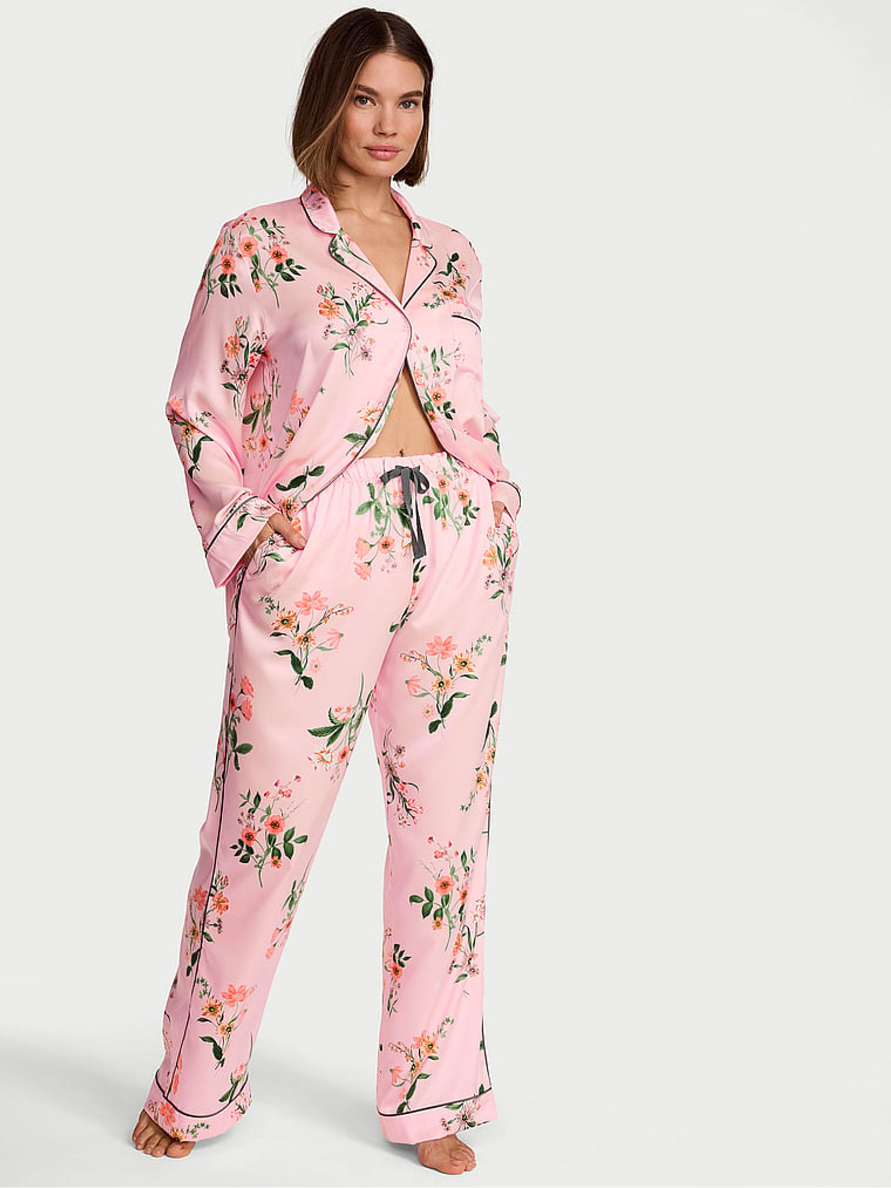 Angel Pink Floral Satin Long Pyjamas Set - Image 1 of 2