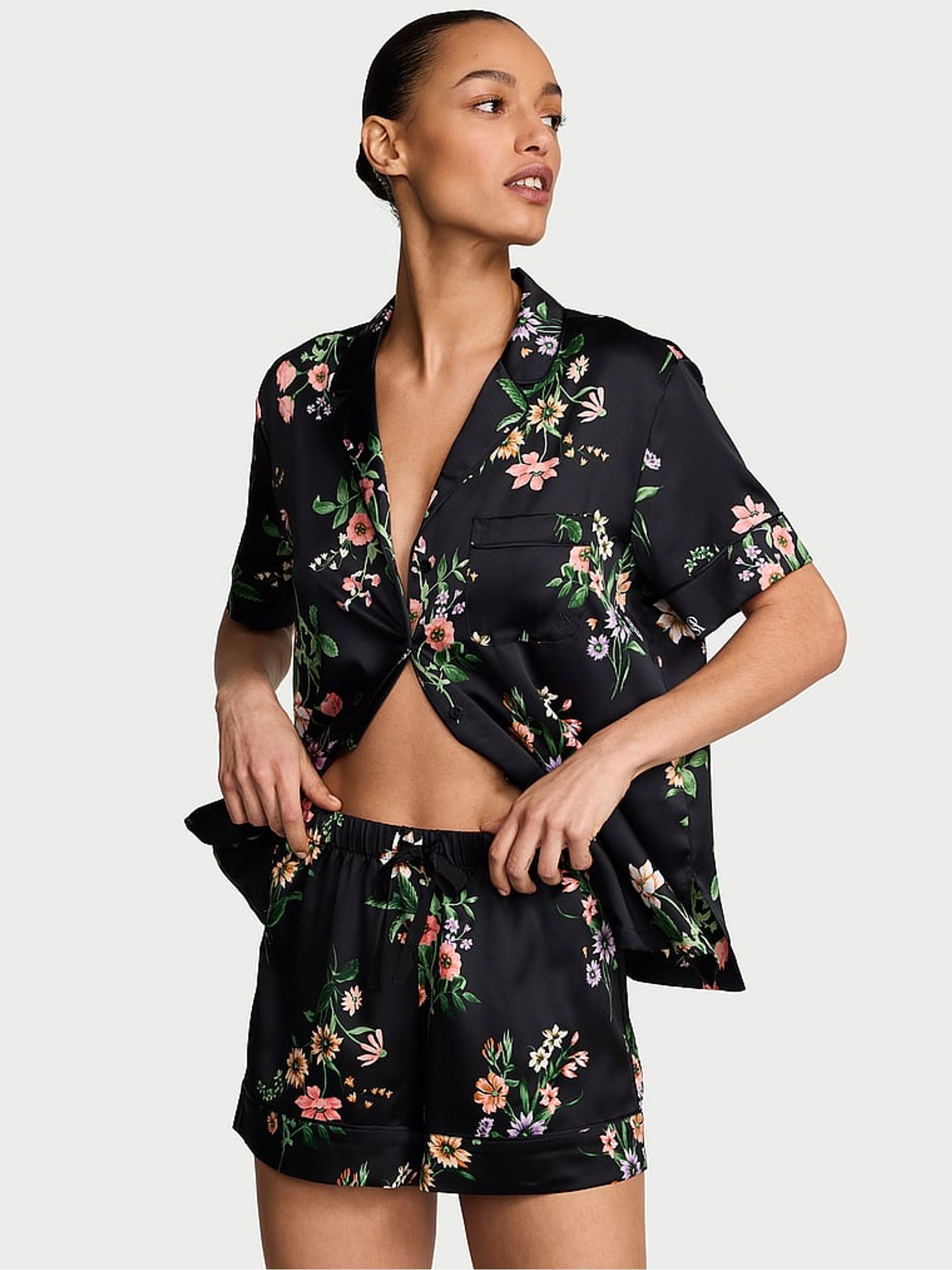 Black Floral Satin Short Pyjamas Set - Image 1 of 2