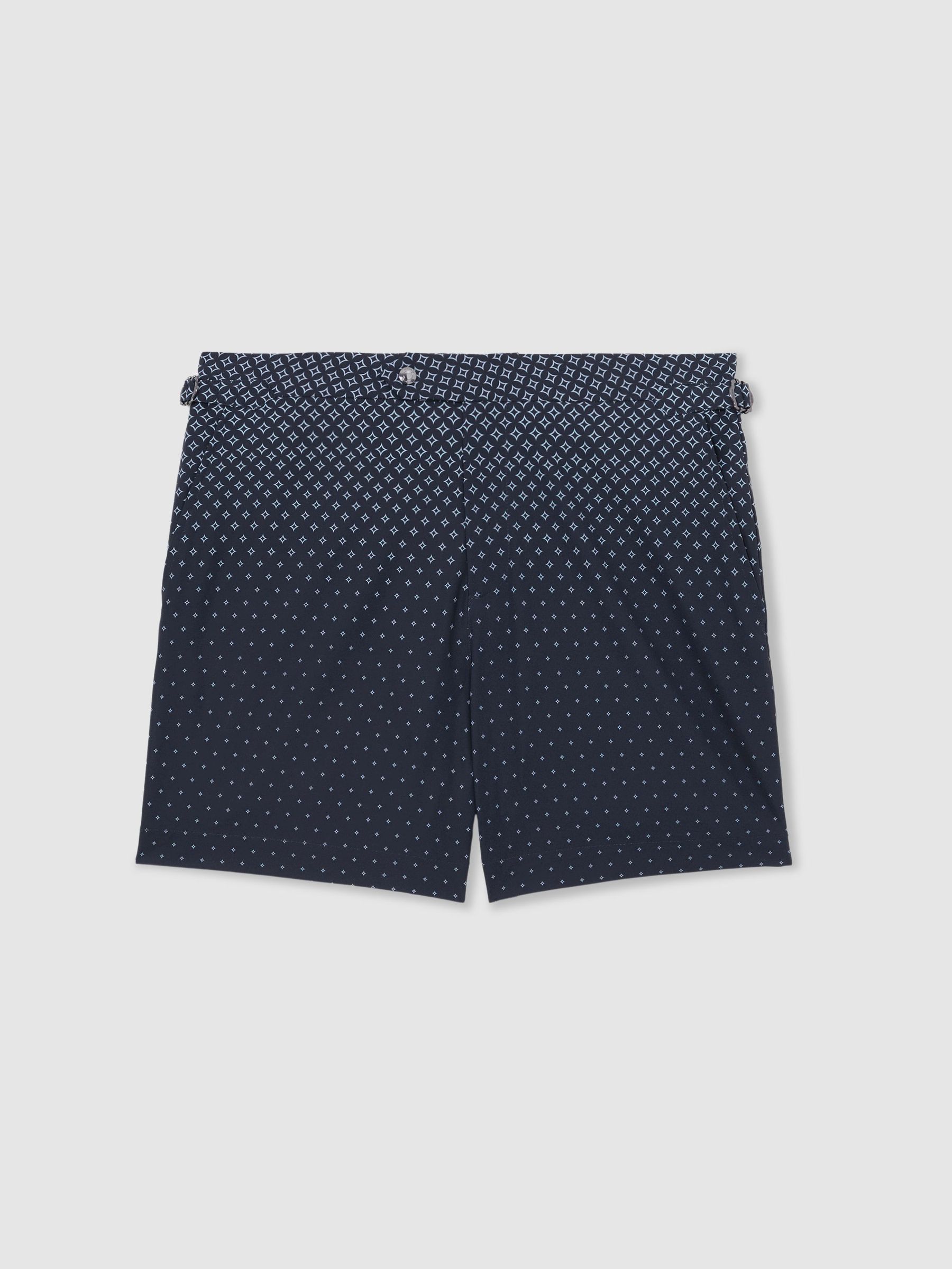 Ombre Geometric-Print Swim Shorts in Navy