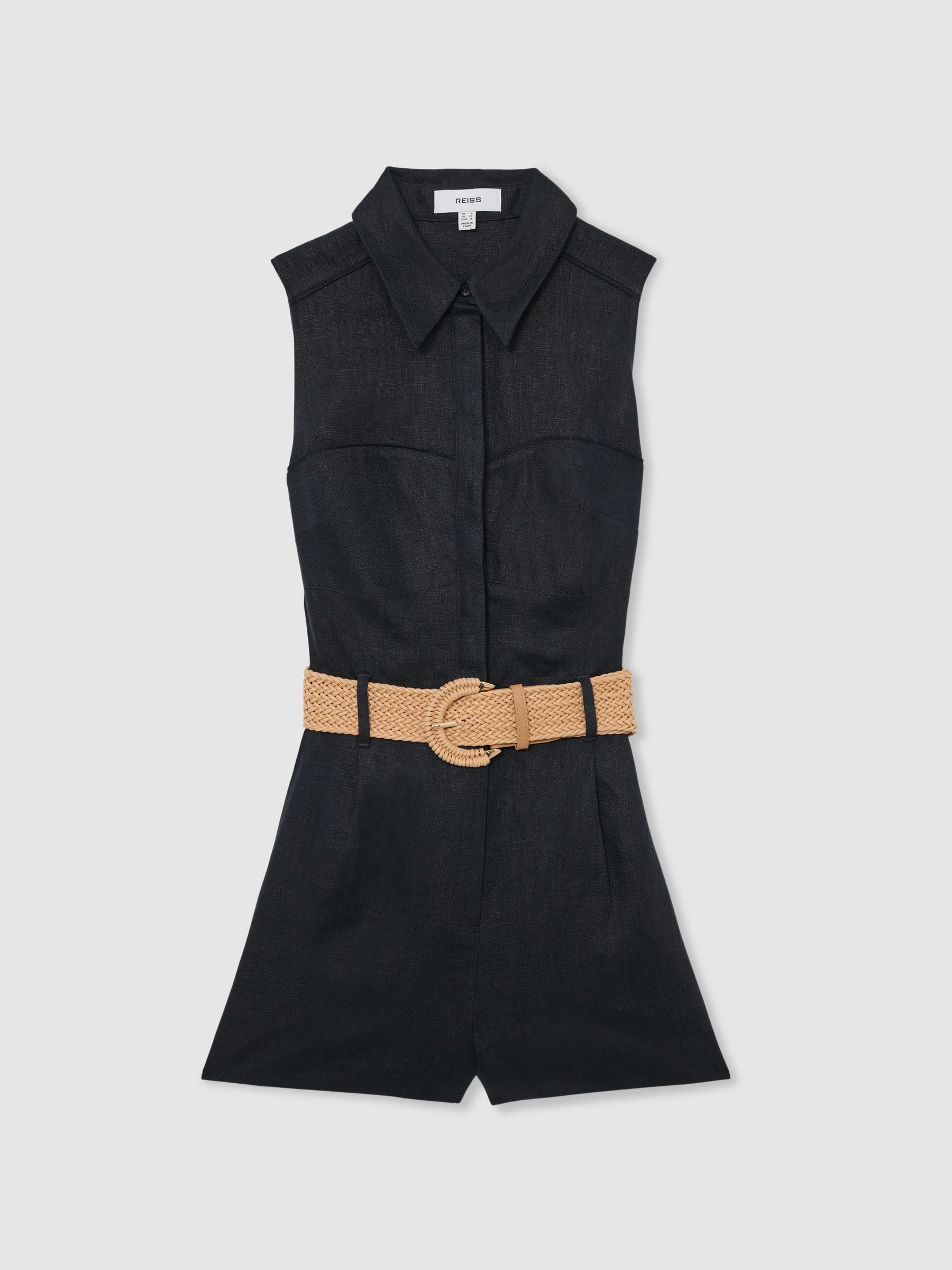Linen Sleeveless Belted Playsuit in Navy - Image 2 of 6