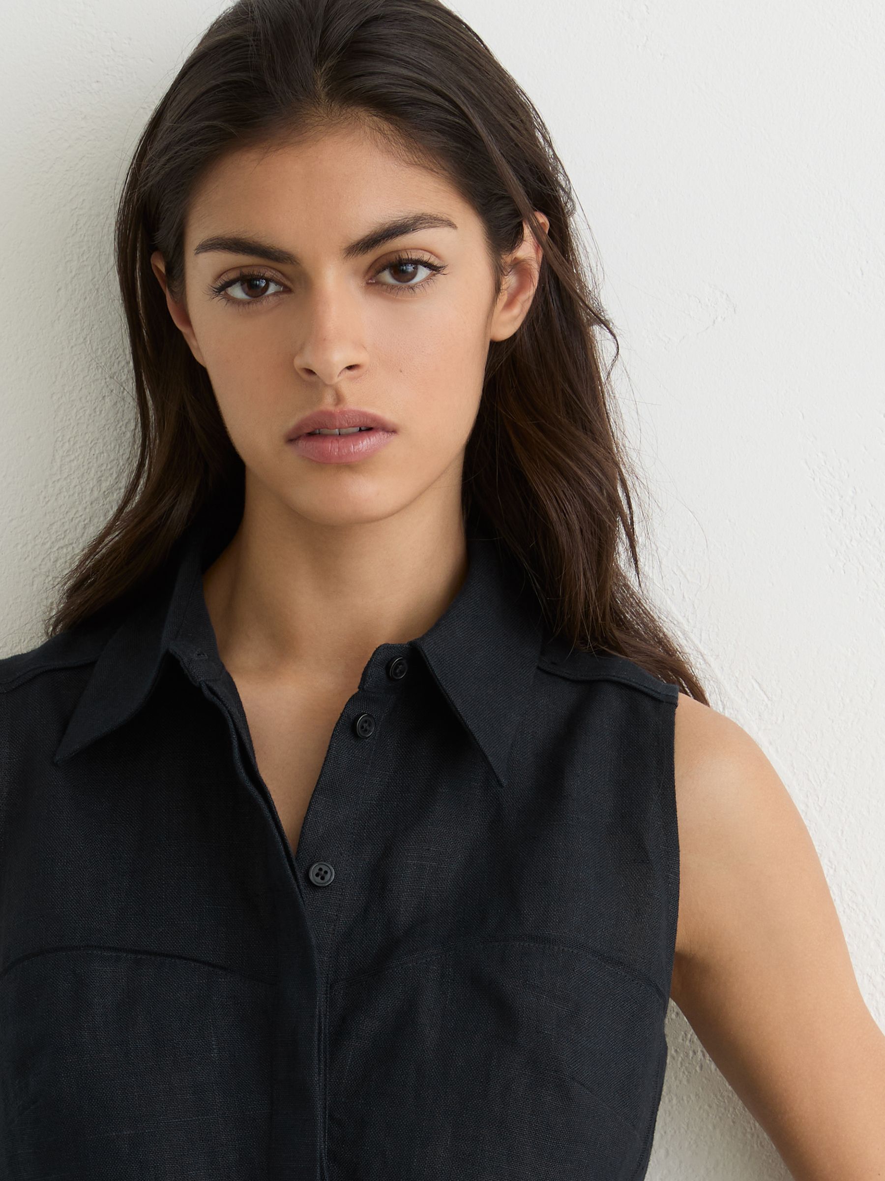 Linen Sleeveless Belted Playsuit in Navy Blue - image 5