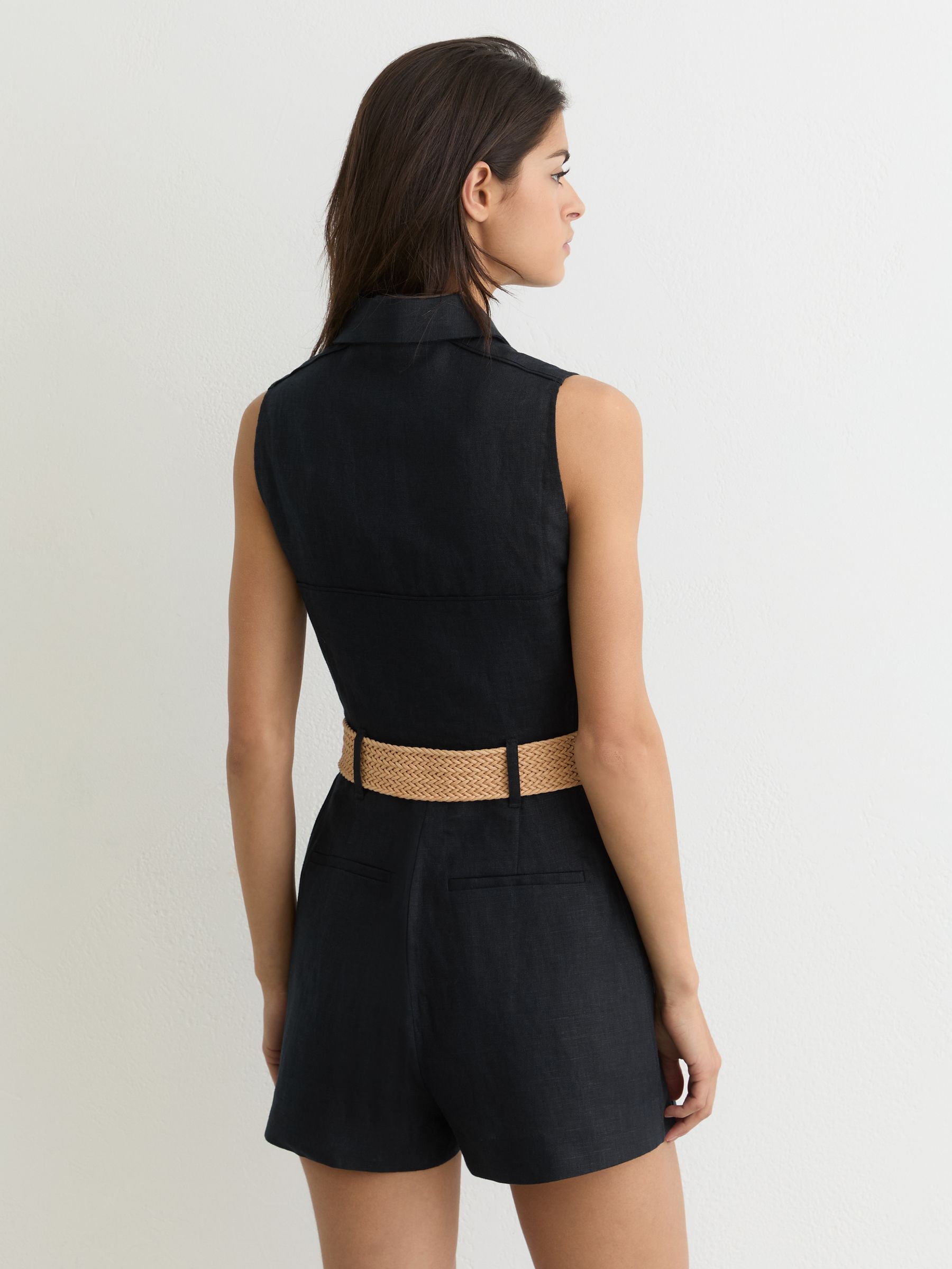 Linen Sleeveless Belted Playsuit in Navy Blue - image 4