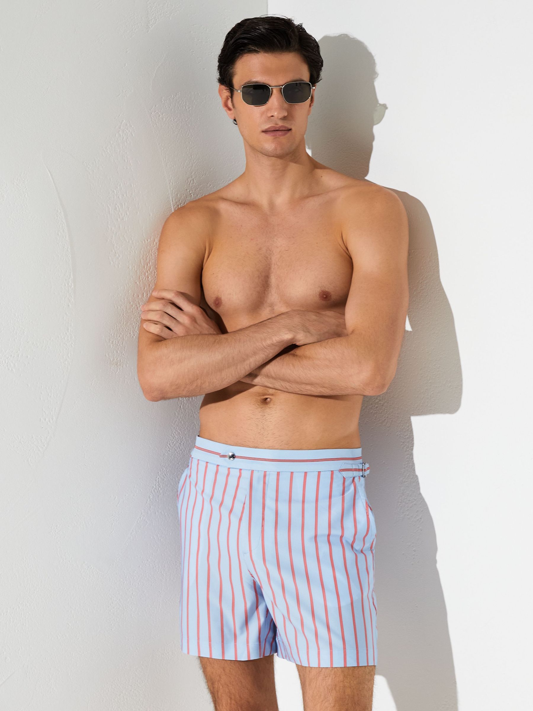 Pinstripe Side-Adjuster Swim Shorts in Soft Blue - image 2