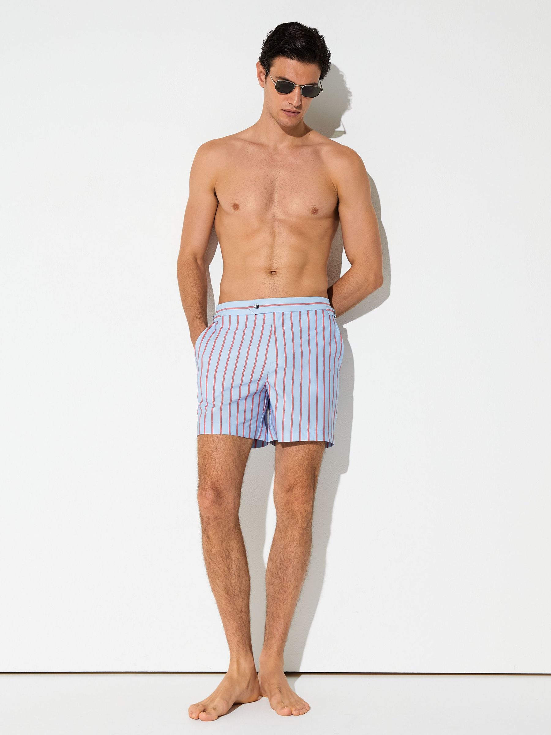 Pinstripe Side-Adjuster Swim Shorts in Soft Blue - image 5