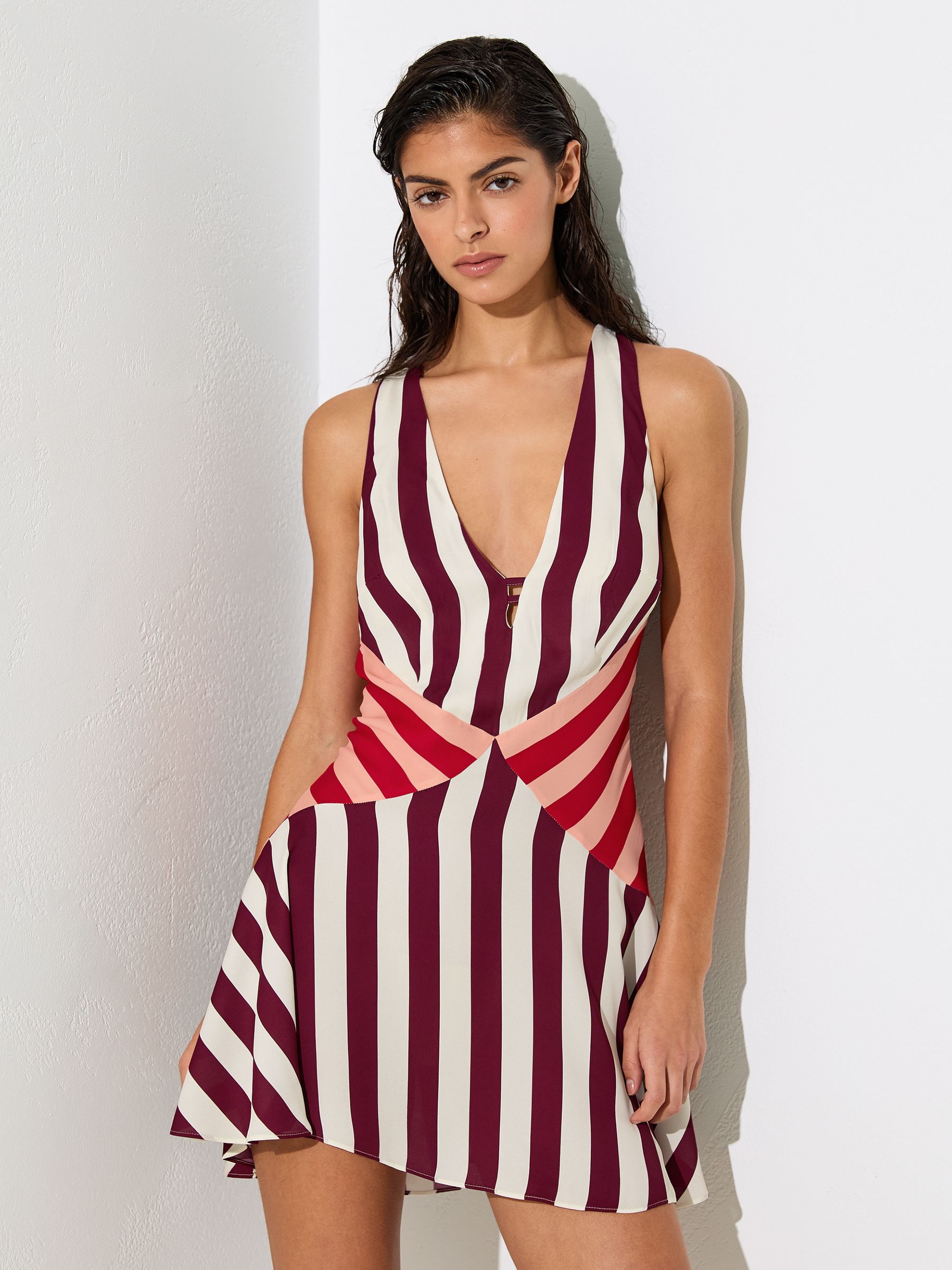 Stripe-Print Sleeveless Mini Dress in Burgundy/Off White - Image 3 of 6