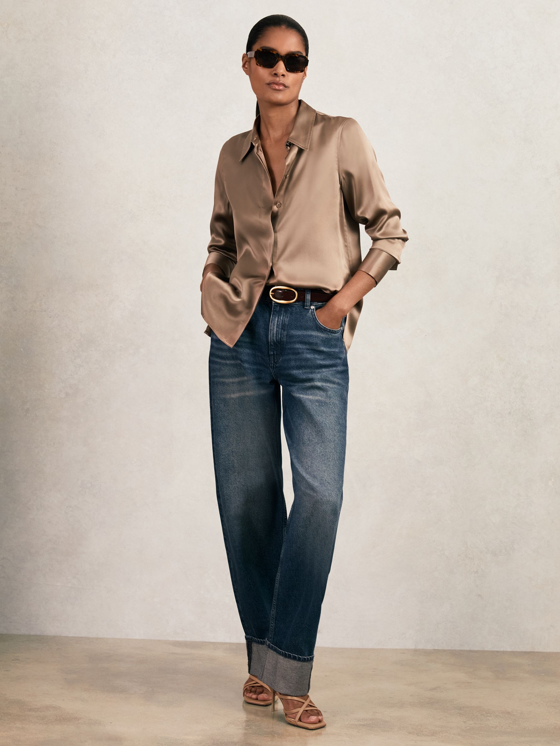 Petite Silk-Satin Concealed-Placket Shirt in Taupe Brown - image 2