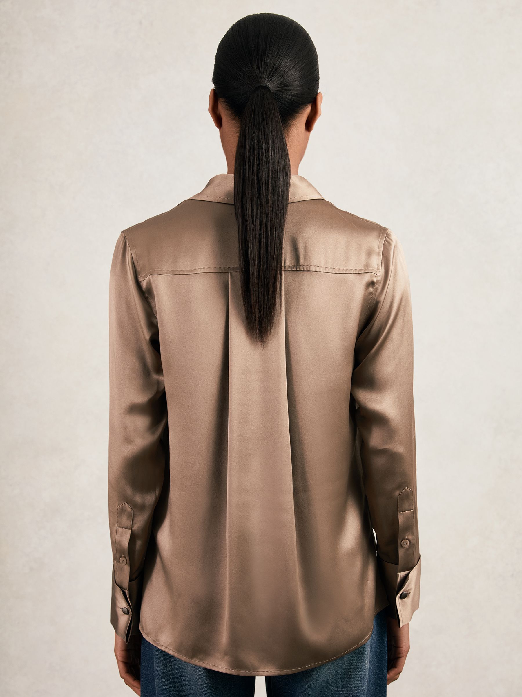 Petite Silk-Satin Concealed-Placket Shirt in Taupe Brown - Image 4 of 6