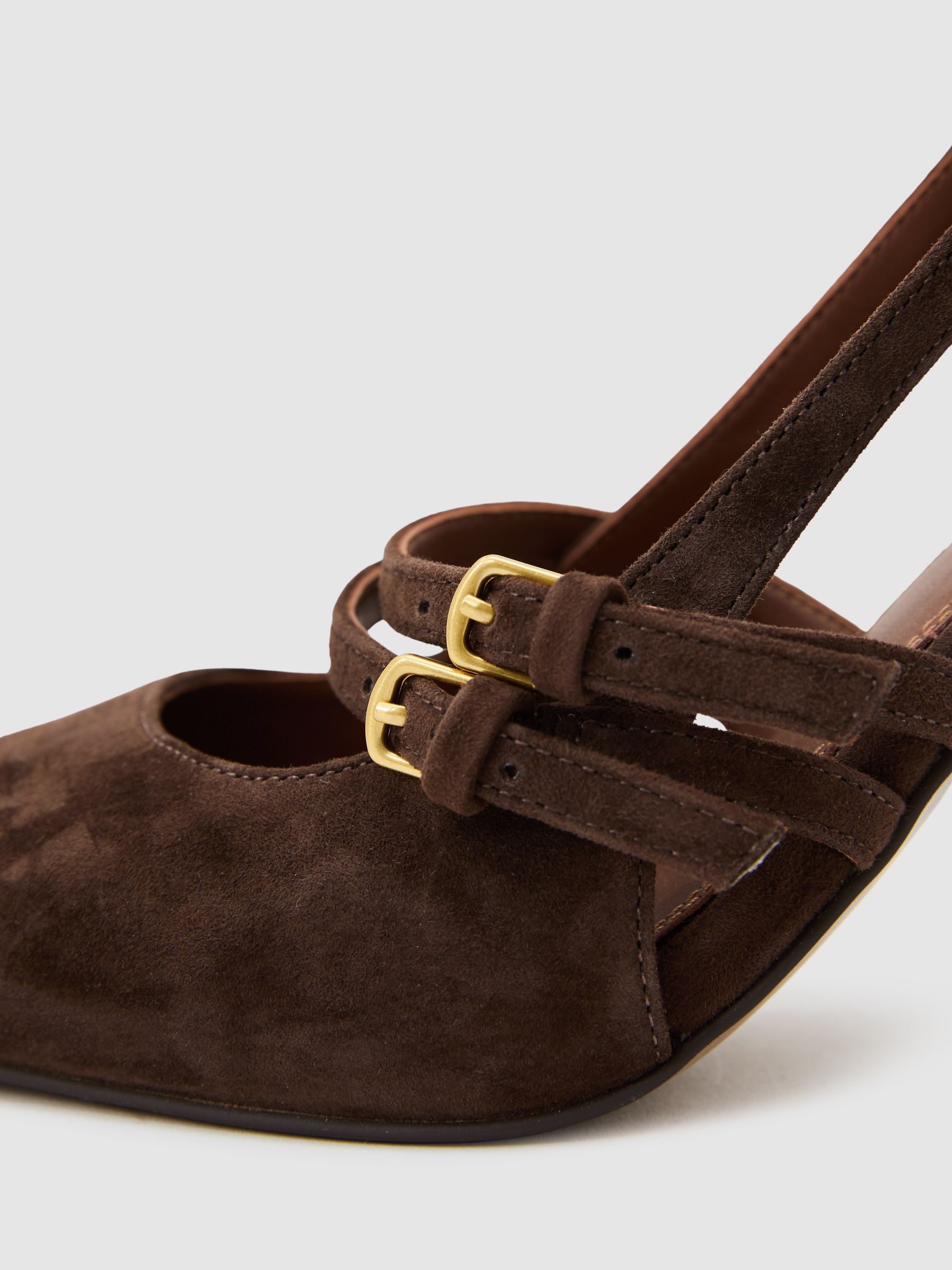 Suede Buckle-Strap Court Shoes in Chocolate - Image 5 of 7
