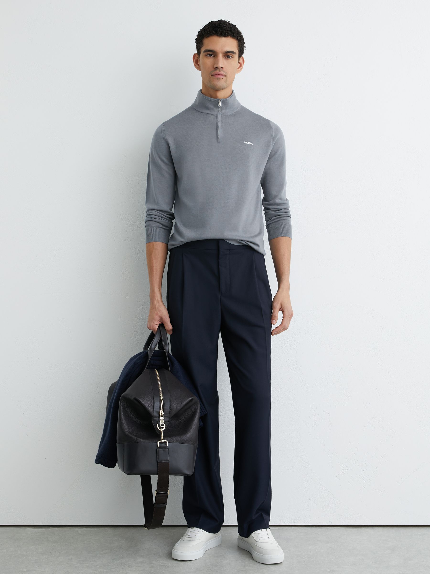 Merino Wool Half-Zip Logo Jumper in Steel Blue - Image 1 of 5 Merino Wool Half-Zip Logo Jumper in Steel Blue - Image 1 of 5