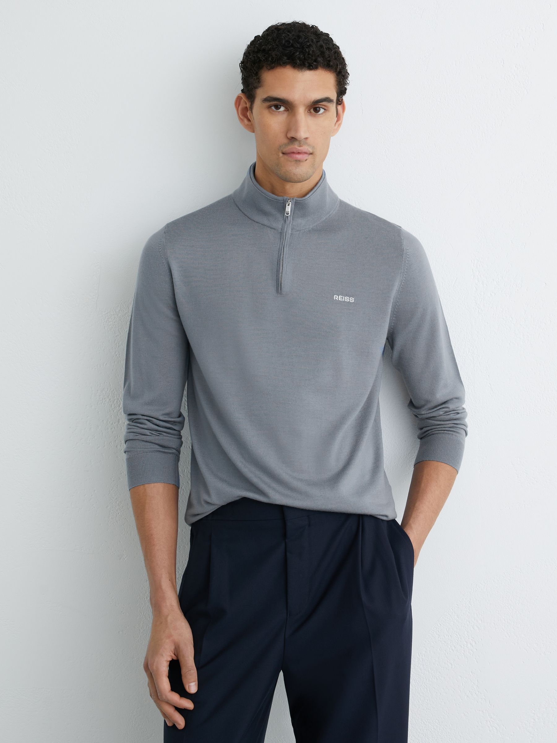 Merino Wool Half-Zip Logo Jumper in Steel Blue - Image 3 of 5