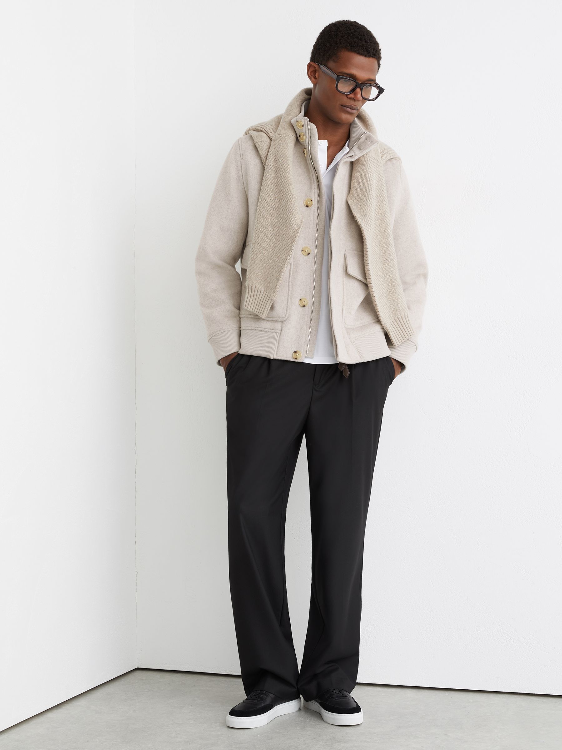 Wool-Blend Funnel-Neck Bomber Jacket in Oatmeal - Image 1 of 6