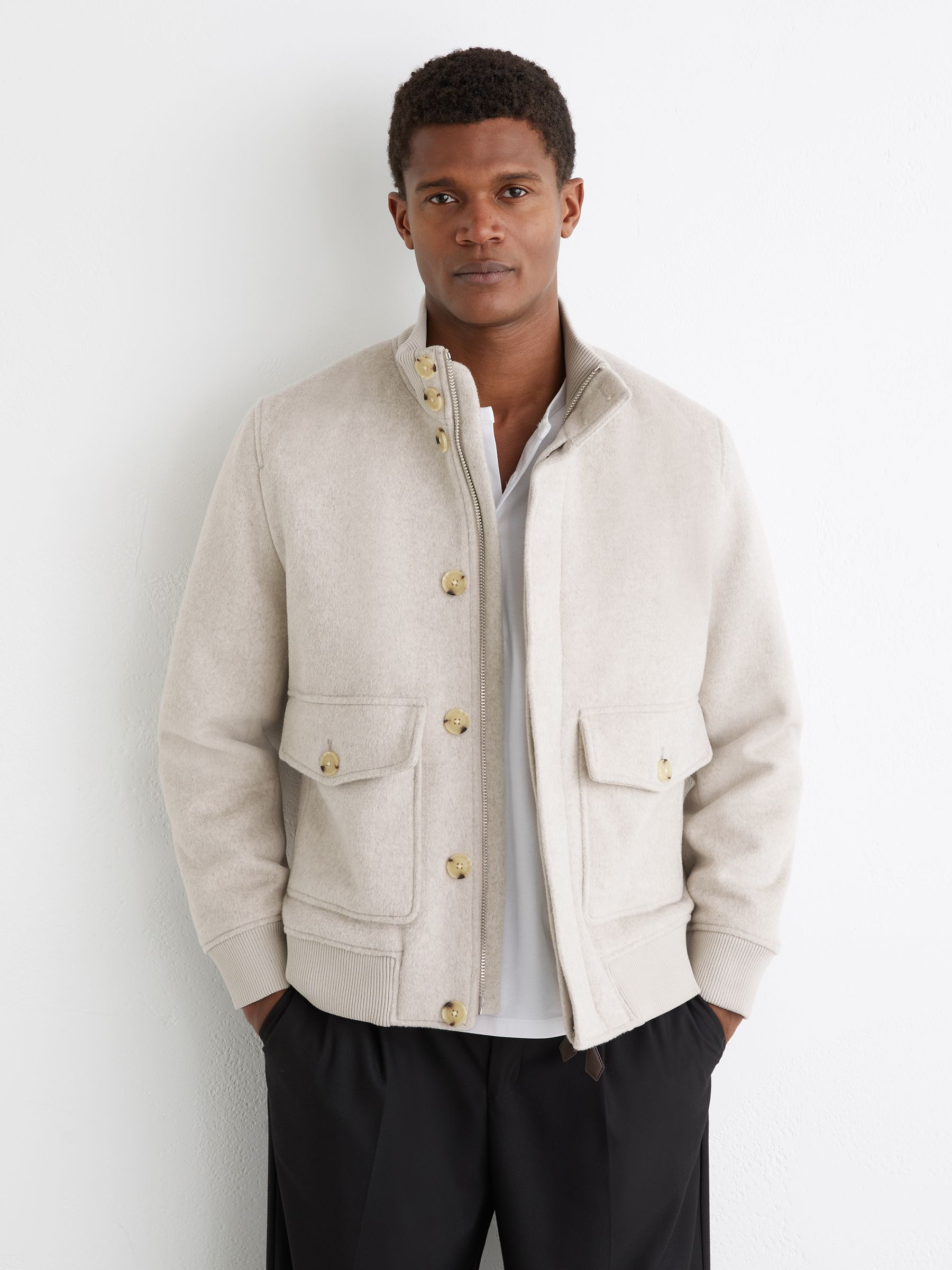 Wool-Blend Funnel-Neck Bomber Jacket in Oatmeal - Image 3 of 6