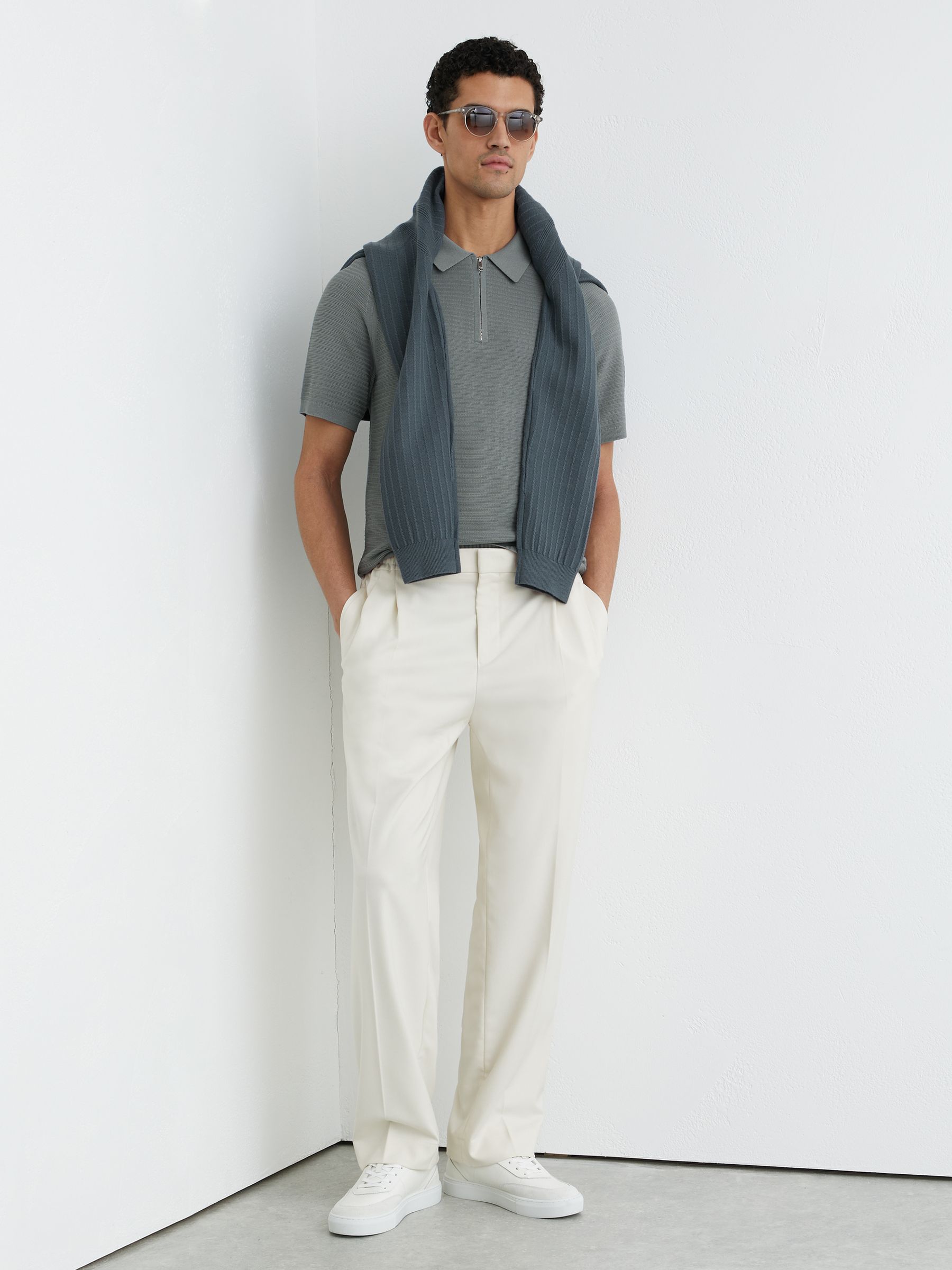 Textured-Knit Half-Zip Polo Shirt in Sage - Image 3 of 7