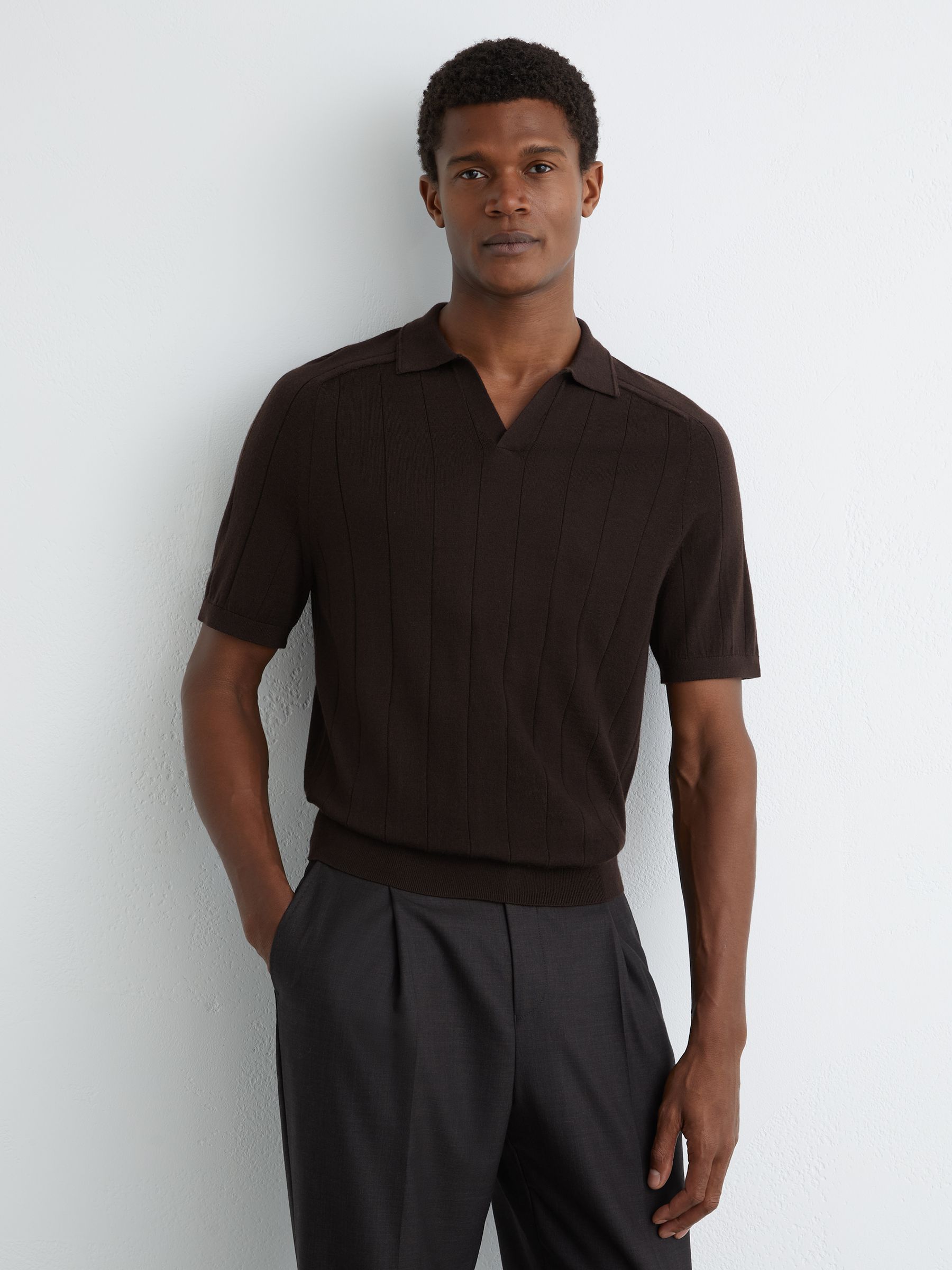 Merino Wool Wide-Rib Polo Jumper in Chocolate Brown - Image 1 of 6