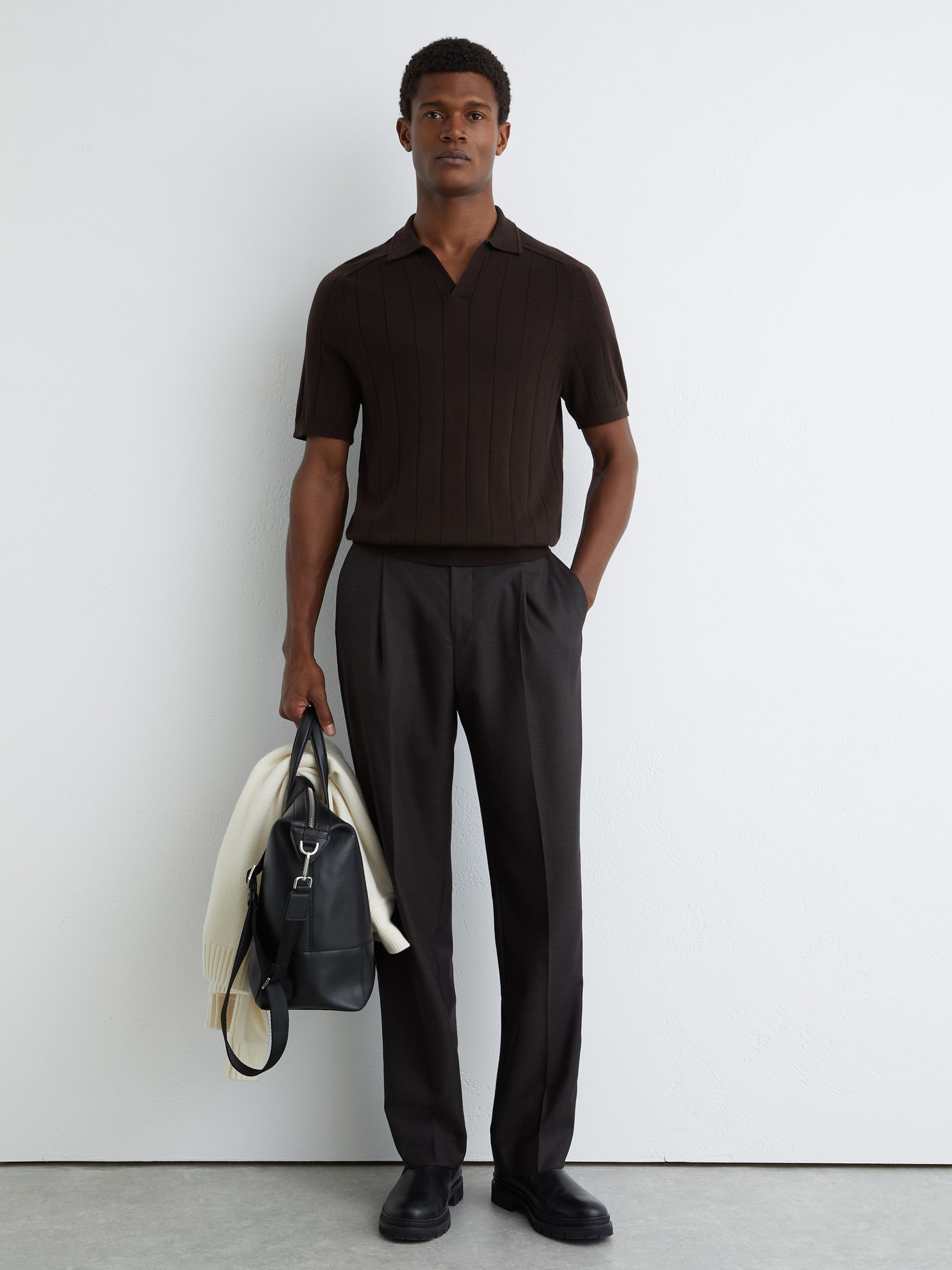 Merino Wool Wide-Rib Polo Jumper in Chocolate Brown - Image 3 of 6