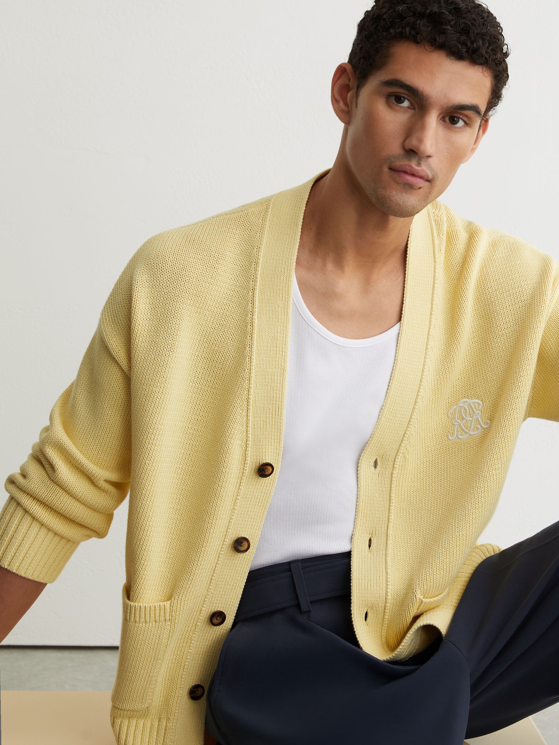 Monogram-Embroidered Relaxed Cardigan in Powder Yellow - Image 1 of 7
