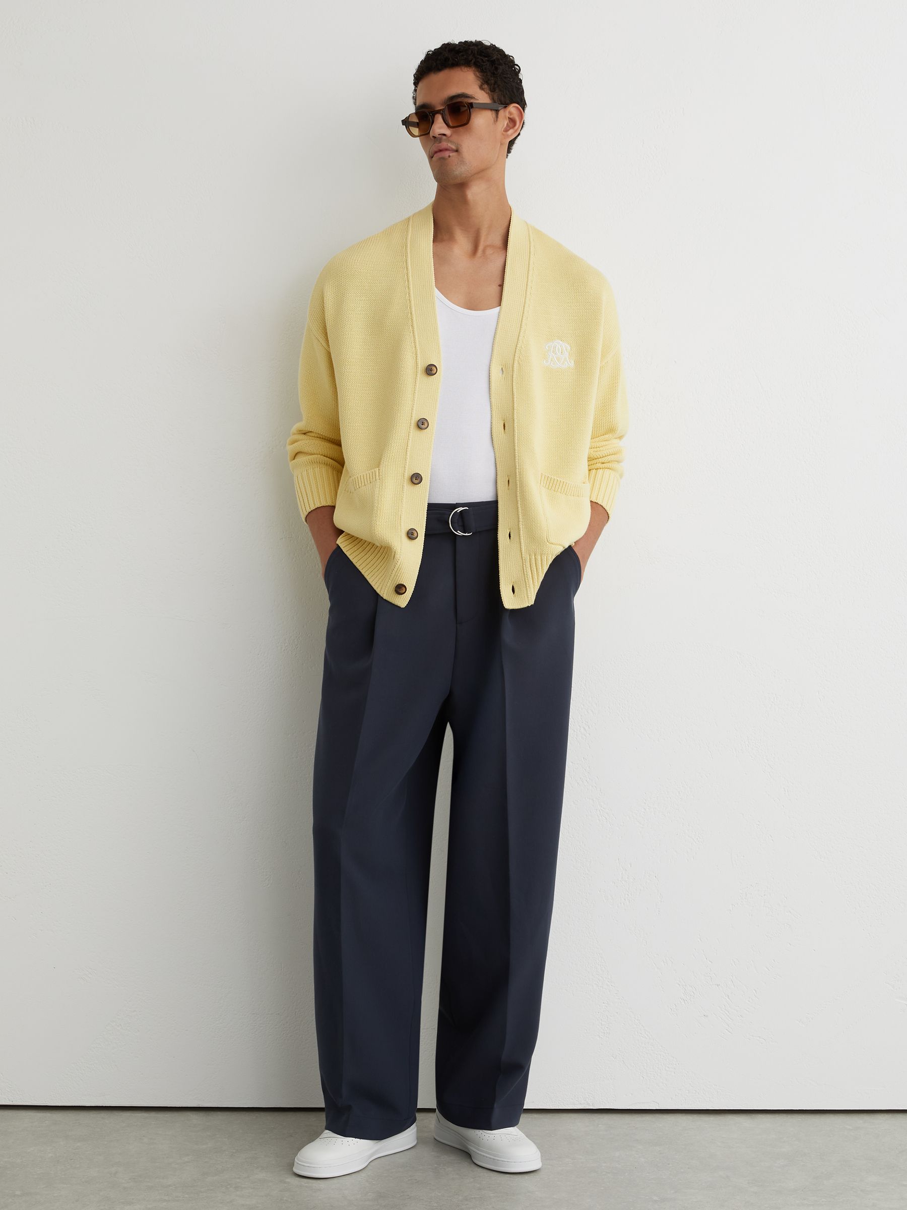 Monogram-Embroidered Relaxed Cardigan in Powder Yellow - Image 3 of 7