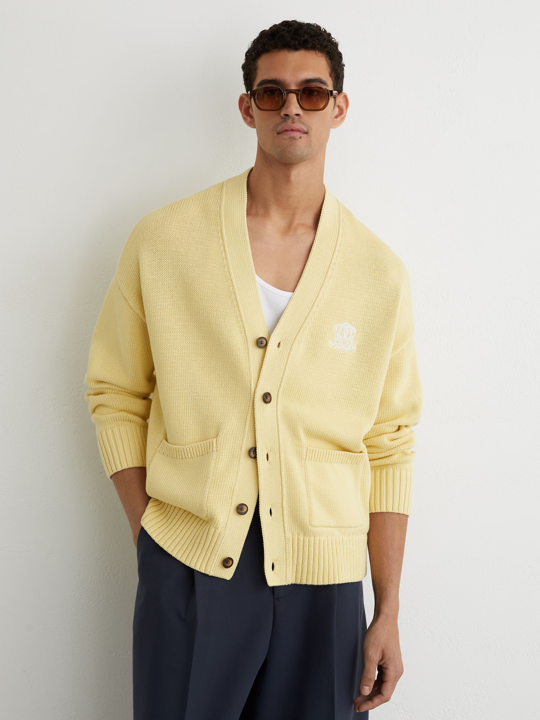 Monogram-Embroidered Relaxed Cardigan in Powder Yellow - Image 4 of 7
