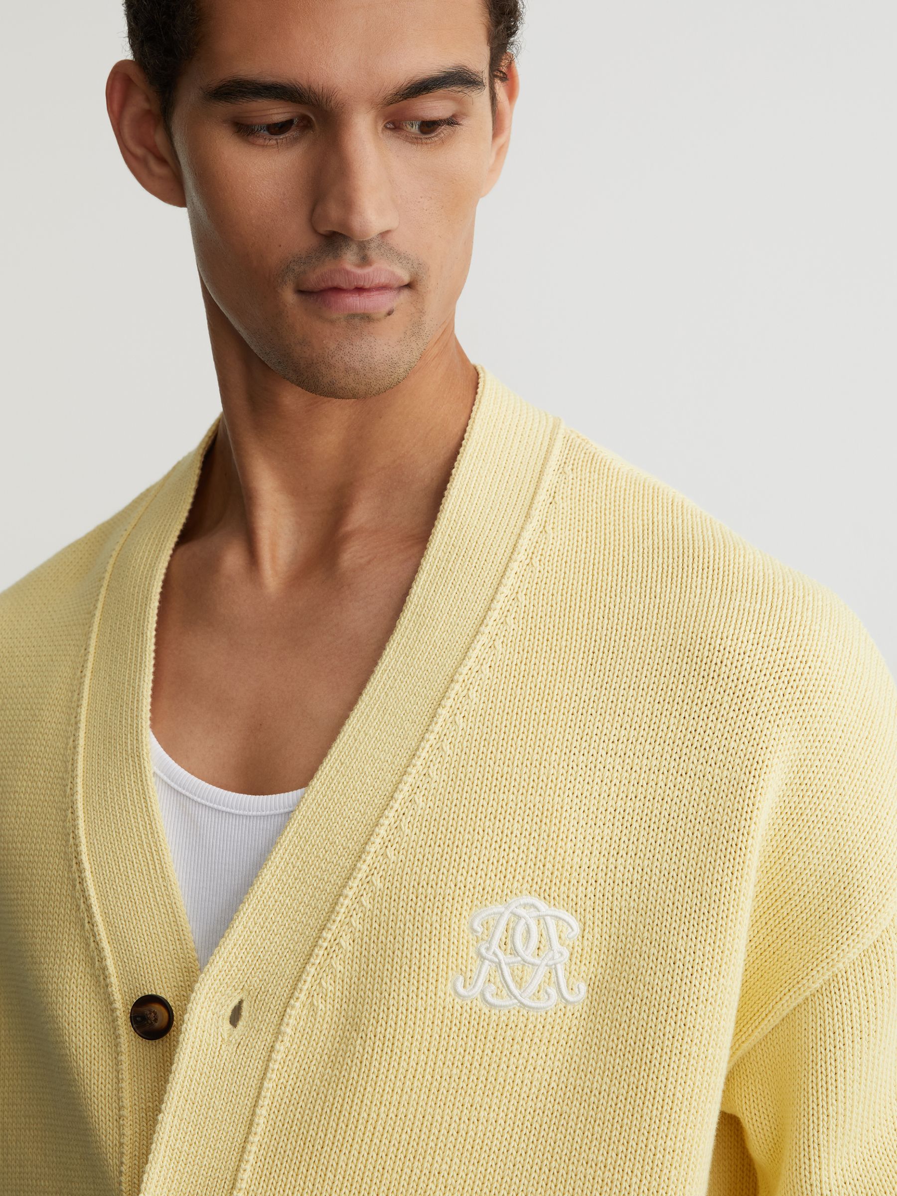 Monogram-Embroidered Relaxed Cardigan in Powder Yellow - Image 5 of 7