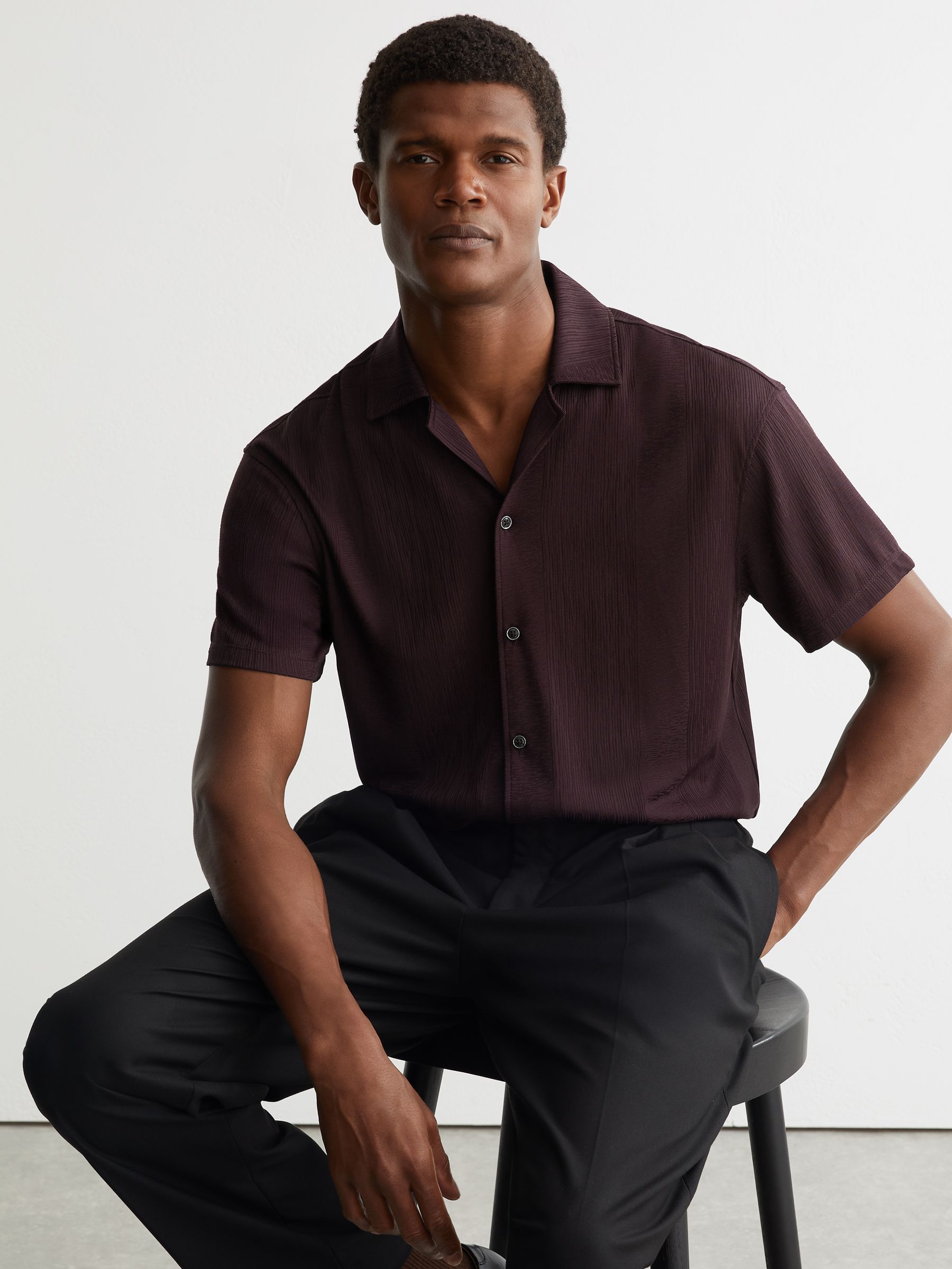 Jacquard-Stripe Cuban-Collar Shirt in Cherry Red - Image 1 of 6 Jacquard-Stripe Cuban-Collar Shirt in Cherry Red - Image 1 of 6